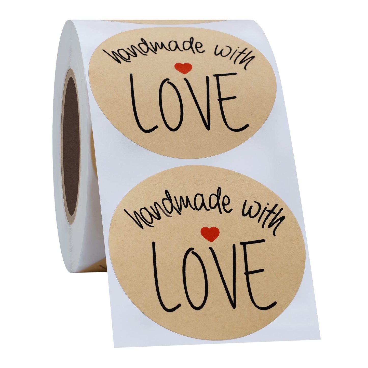 Hybsk Kraft Handmade with Love Stickers with Black Font Total 2" Round 300 Adhesive Labels Per Roll