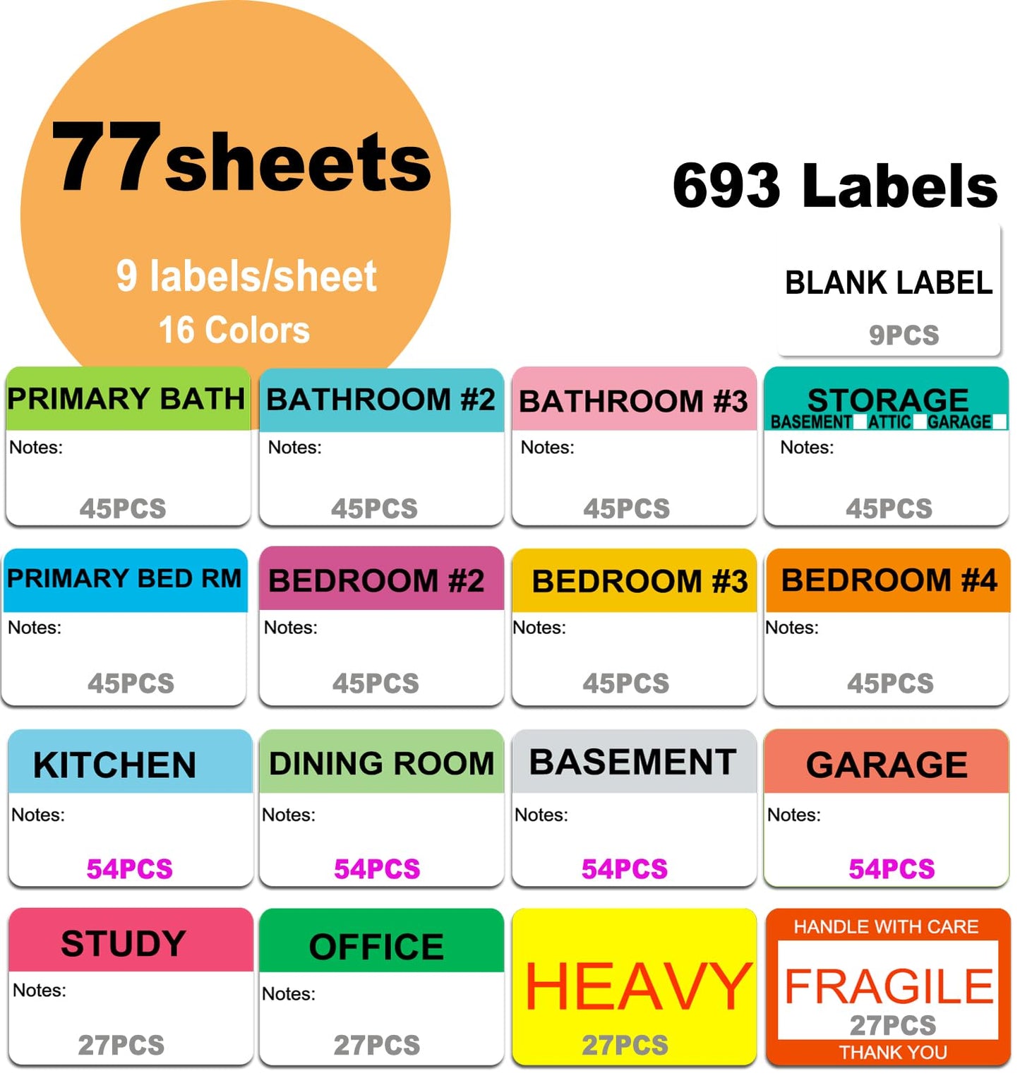 693 Count 2" x 3" Moving Labels for Packing Boxes, 17 Designs Including Fragile, Heavy, and Blank Packing Stickers -Color-Coded Moving Stickers for Home and Office Moving with Writable Notes Areas 2" x 3" | 693 pcs