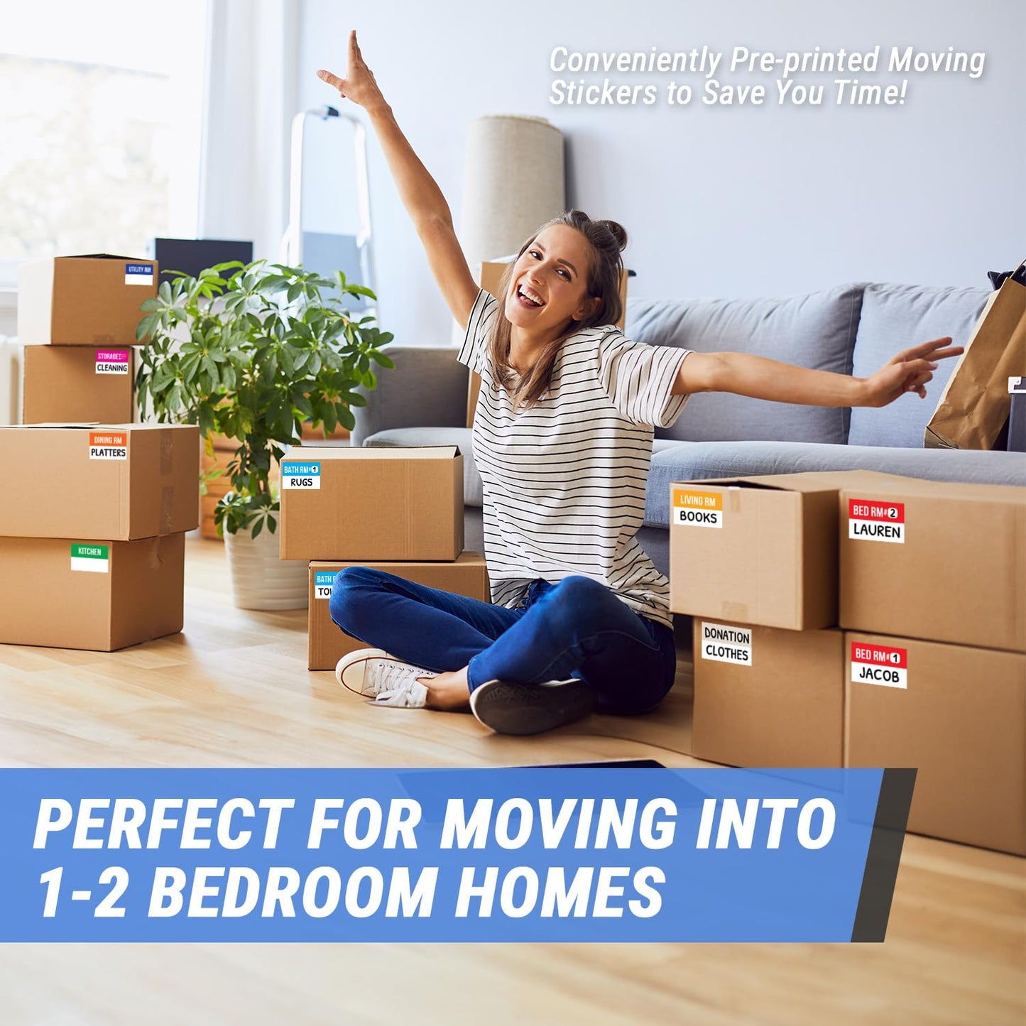 300 PCS Home Moving Labels - Ideal for 1-2 Bedroom Apartments or Condos - 3" x 2" 10 Designs of Color-Coded Moving Stickers w/Write-in Area, Fragile & Heavy Label 300 Labels