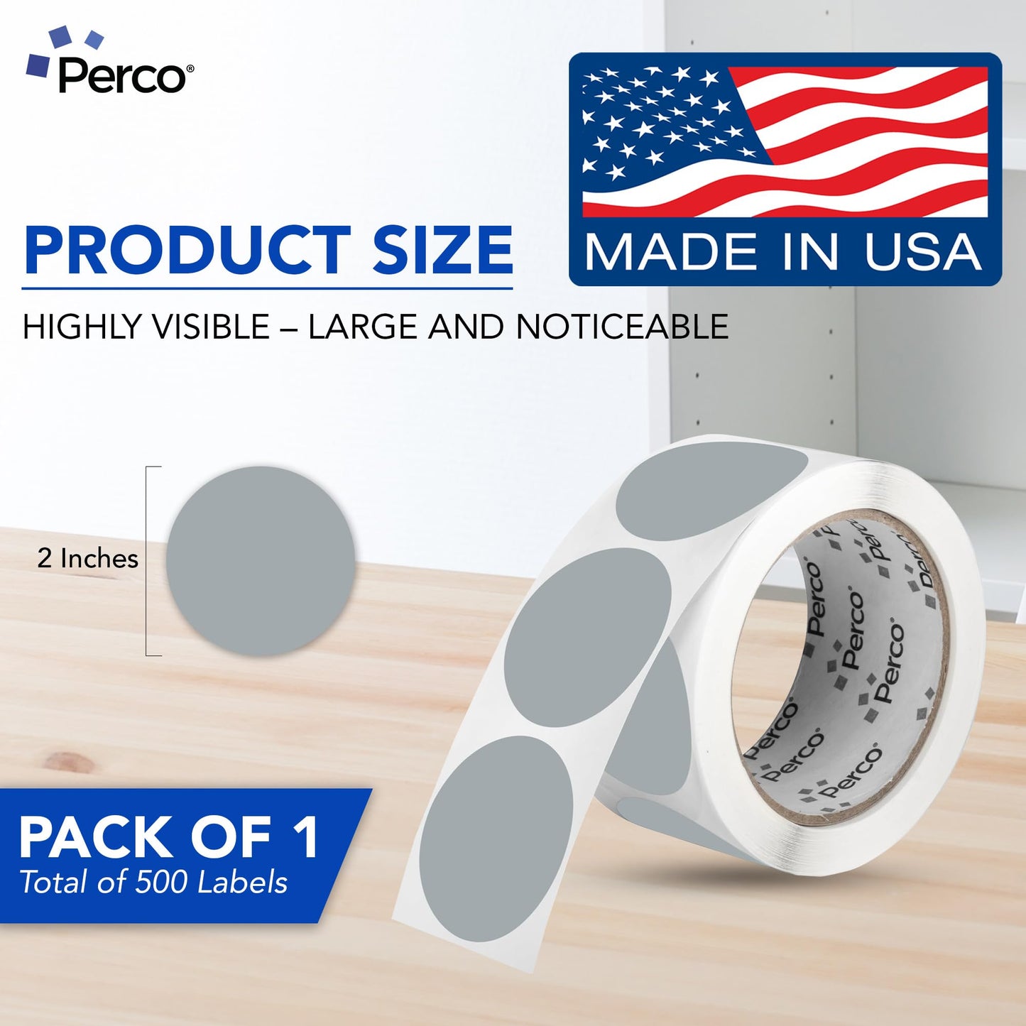 Perco Grey 2-Inch Round Circle Dot Sticker Labels with Permanent Adhesive - 500 Labels per Roll - Vibrant Colors, Strong Adhesion - Made in USA 1 Roll