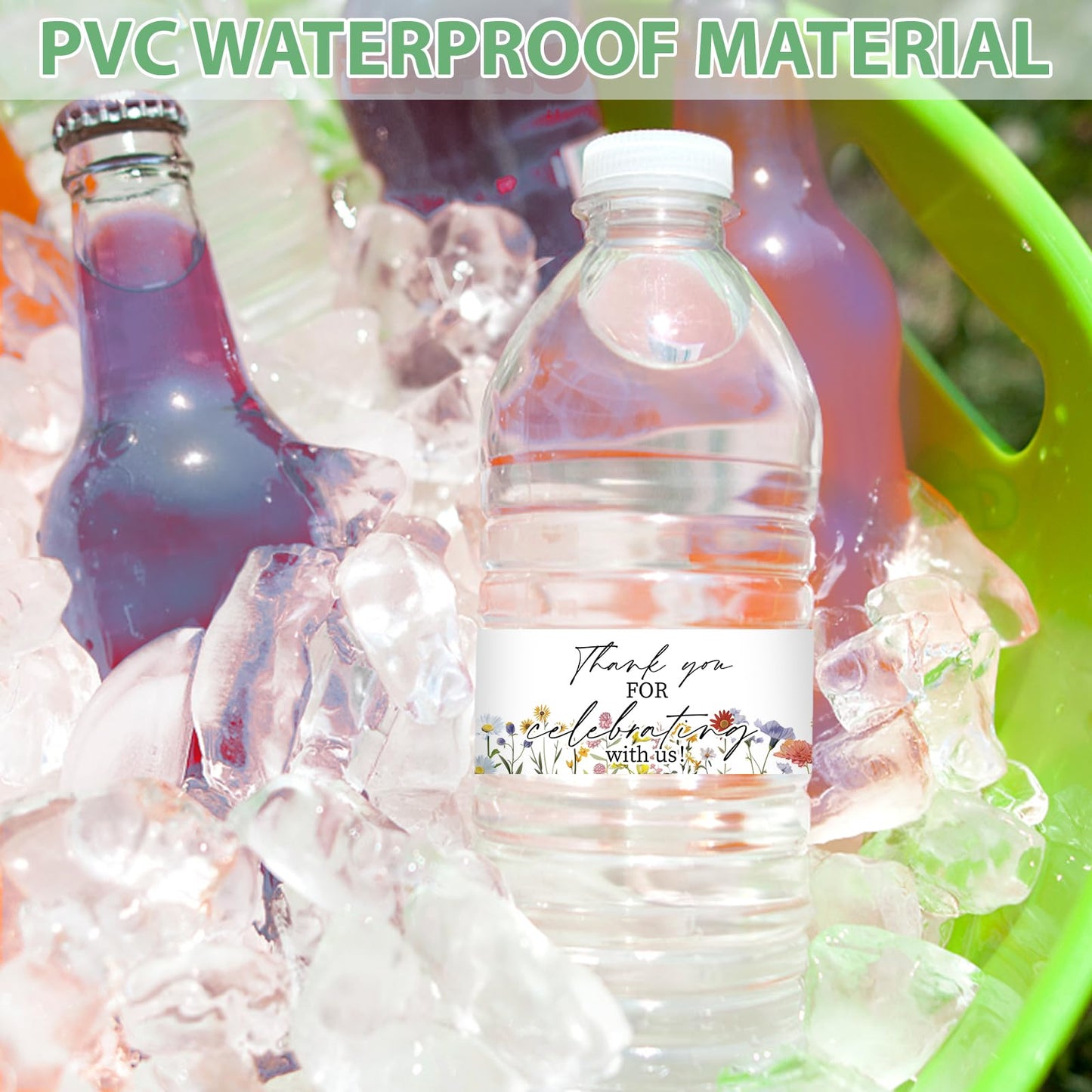 Water Bottle Labels, 50Pcs Thank You Flower Theme Waterproof Bottle Wraps Sticker for Graduation Wedding Birthday Bridal and Baby Shower 1.96x8.26in 5.10 Centimeters