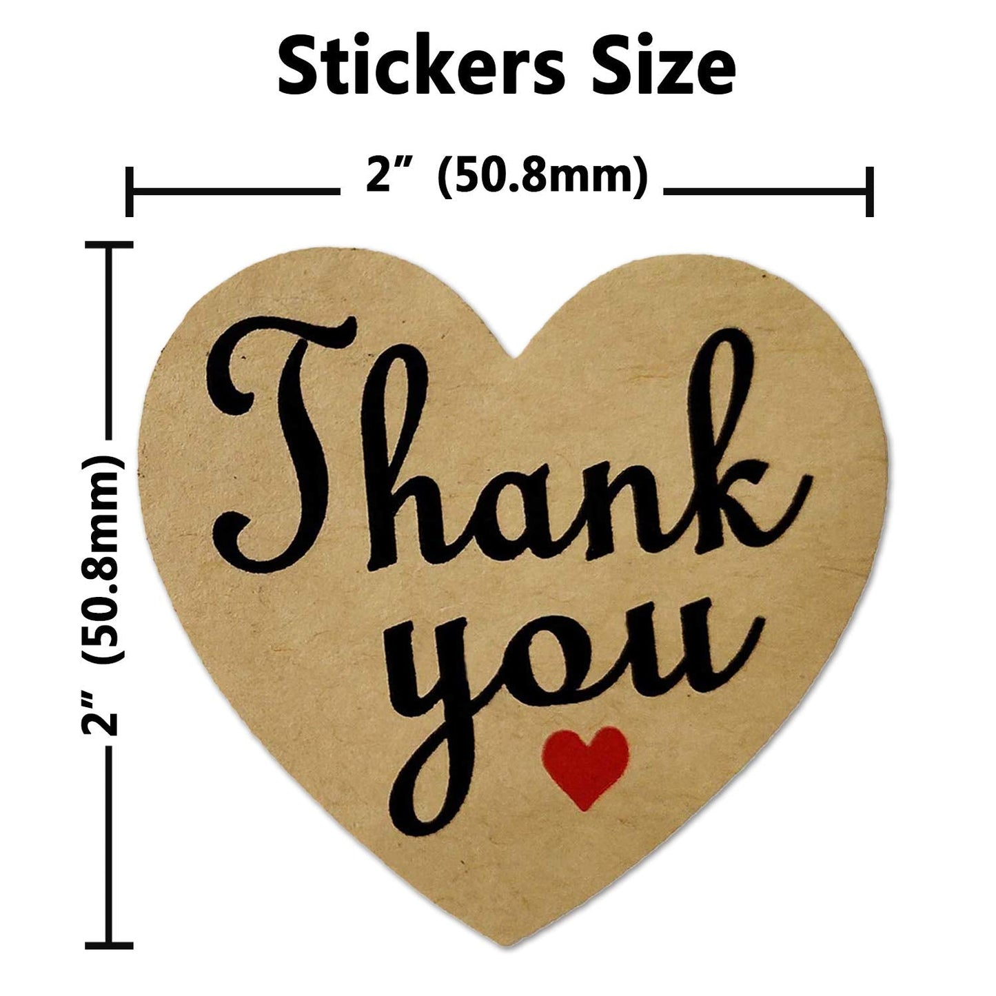 Natural Kraft Appreciation Labels 2 Inch Valentine's Day Heart Thank You Sticker for Greeting Cards,Package,Wedding,Baby Shower,250 Pcs Per Roll