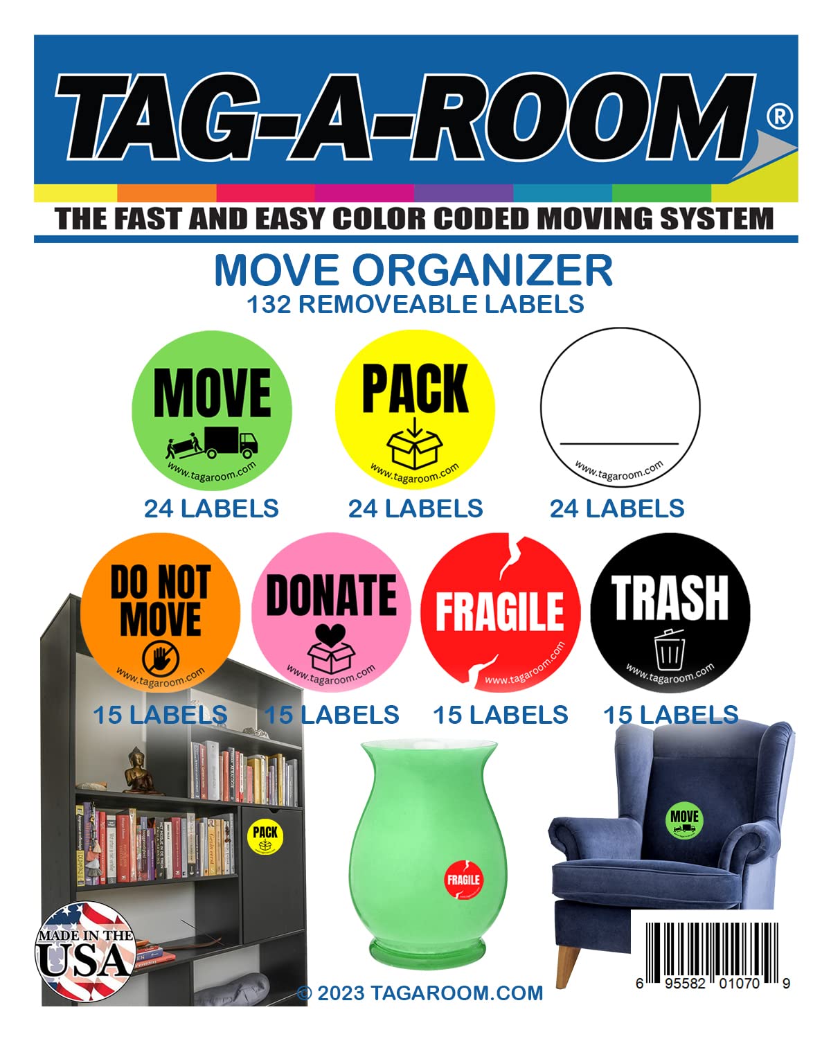 Tag-A-Room Moving Label Stickers "Move Organizer", 132 Count