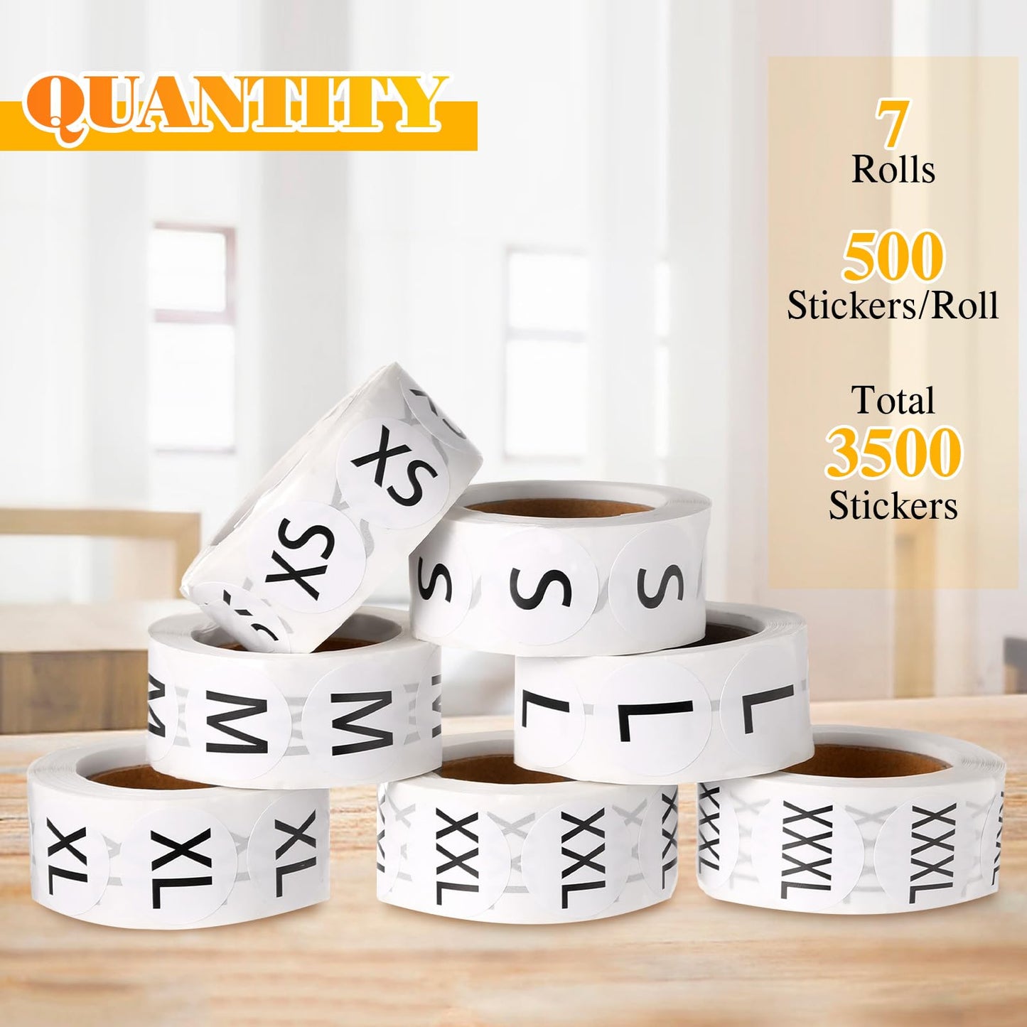 3500 Pcs Clothing Size Stickers Labels with Wooden Labels Holder Organizer Round Self Adhesive Stickers for Clothing T Shirts Retail, 7 Size Black and White