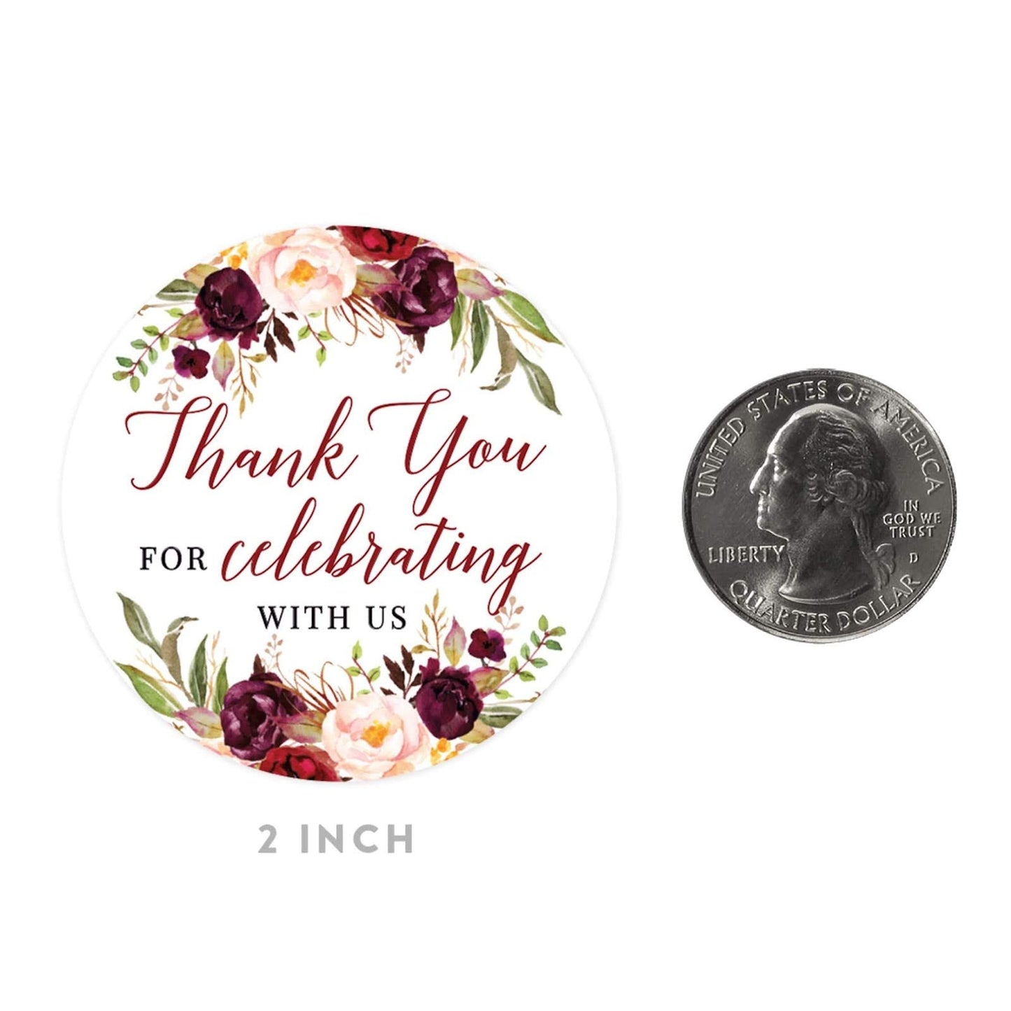 Andaz Press Fall Autumn Burgundy Maroon Floral Flowers Party, 2-Inch Round Circle Label Stickers, Thank You for Celebrating with Us Sticker, 40-Pack, Party Favors Decor Ideas Fall Wedding Stickers