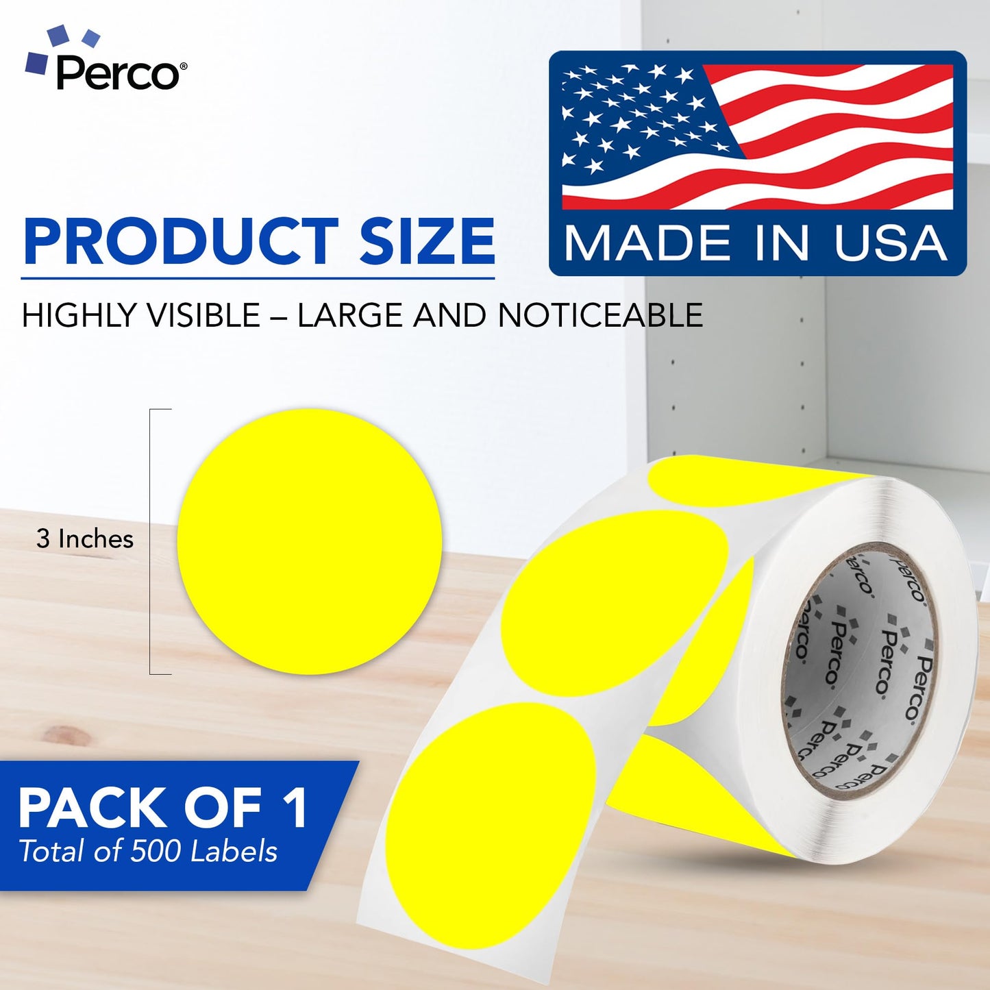 Perco Fluorescent Yellow 3-Inch Round Sticker Labels - 500 Labels per Roll - Vibrant Colors, Strong Adhesion - Made in USA 1 Roll