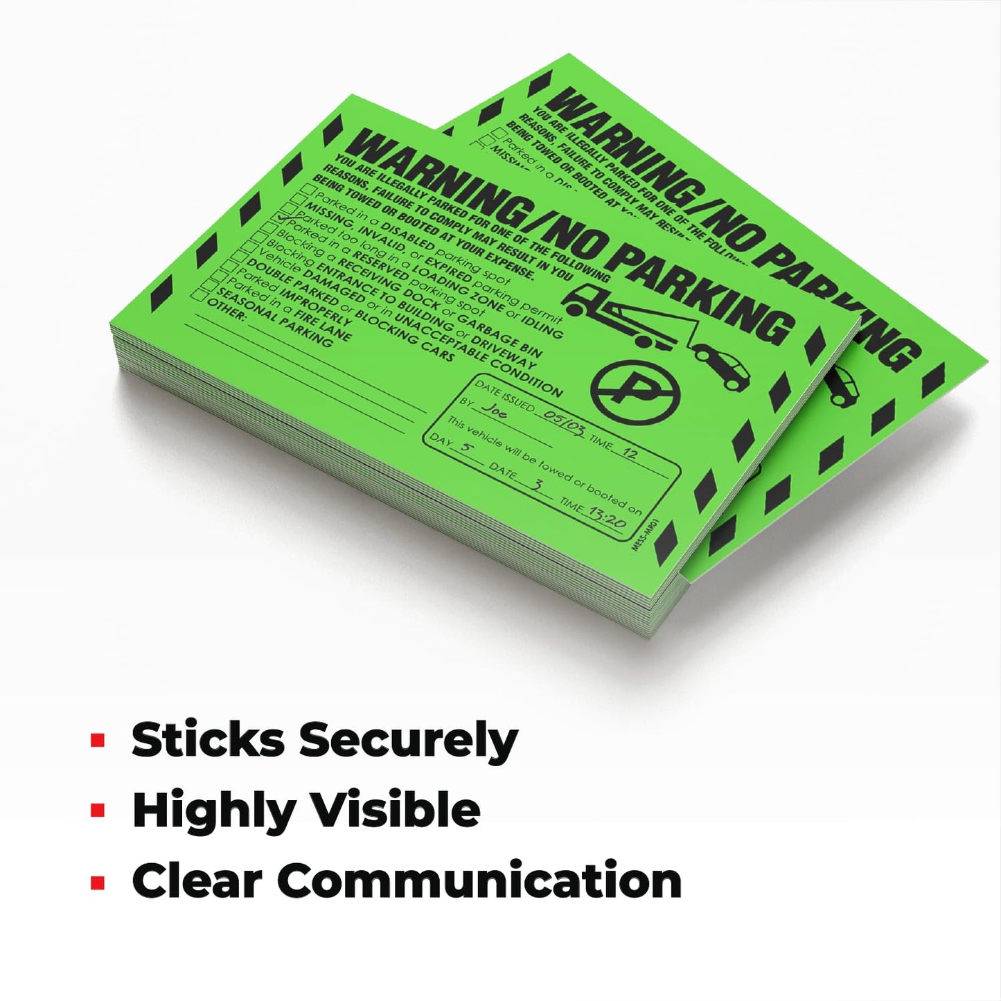 100 MESS Parking Violation Stickers - Hard to Remove - Green Multi-Reason - No Parking, Towing Warning Stickers 8x5 in 100