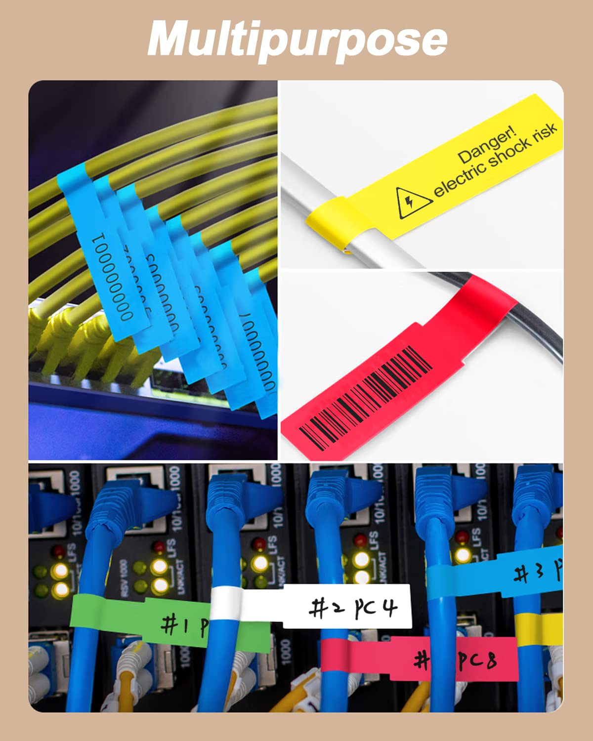 270 Pcs Cable Labels - 9 Colors, Waterproof, Self-Adhesive, Tear Resistant Wire Labels for Electronics & Laser Printer 9 Sheet/9 Colors (270 Pcs)