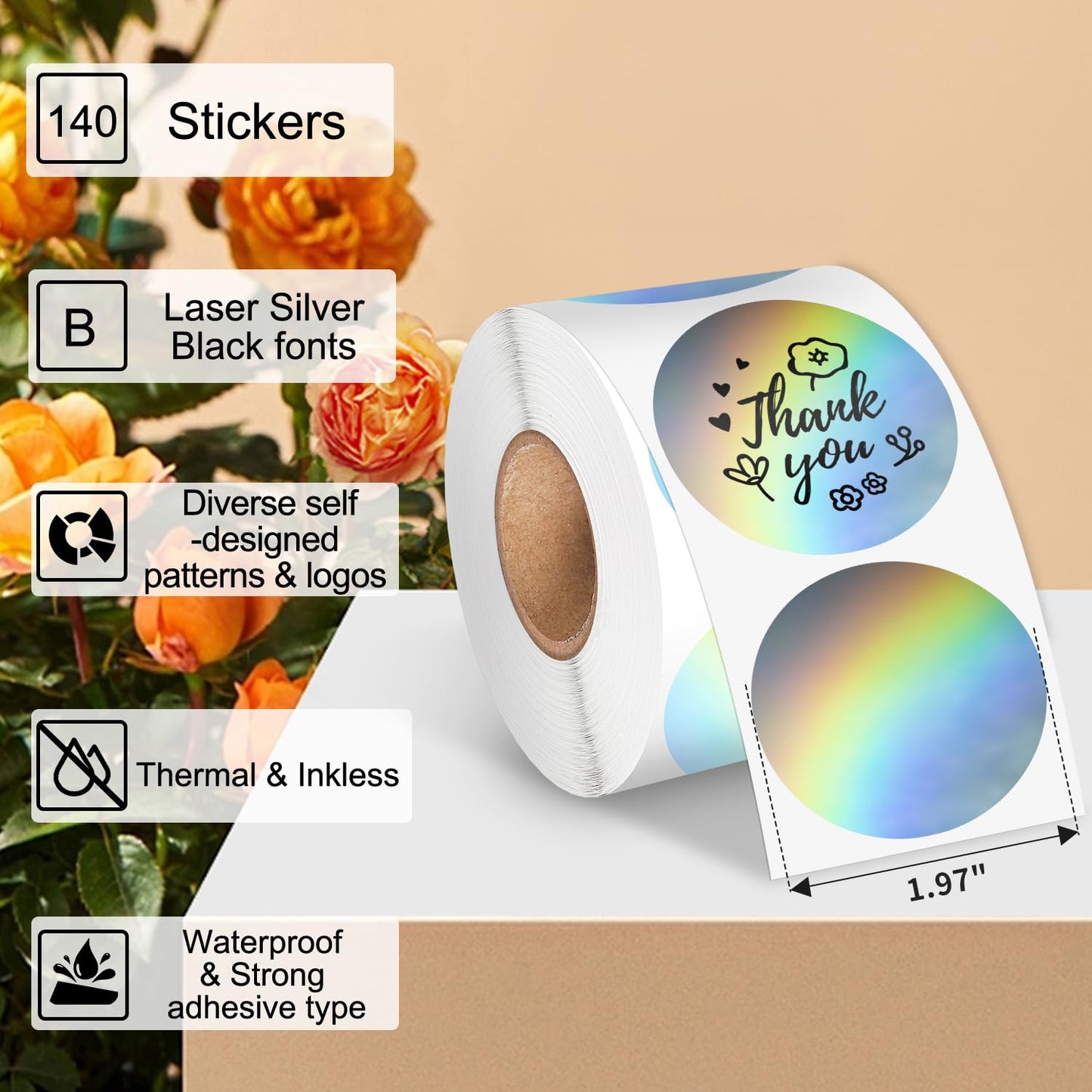 Phomemo M110 Labels, Thermal Sticker Paper, 2" Round Thermal Labels for Small Business, Logo Design, Baking Package, Holographic Sticker Paper for Phomemo M150 M220 M221 M250 M260 M100 Label Maker 1.96"x1.96"