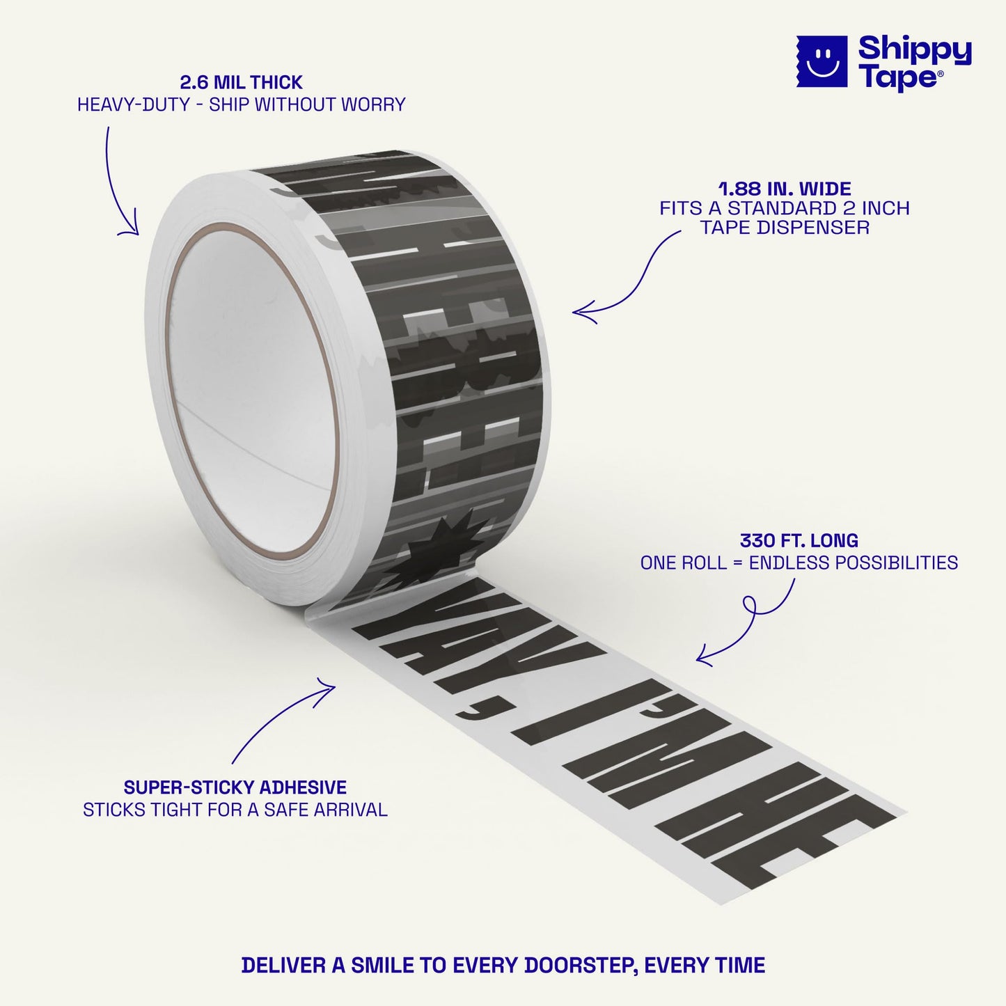 Printed Packing Tape for Small Business - Cool Decorative Designer Packaging and Shipping Tape - 1.88" x 110 Yards (330 feet) - Cute Yay, I'm Here! Clear Black Yay, I'm Here! - Clear/Black