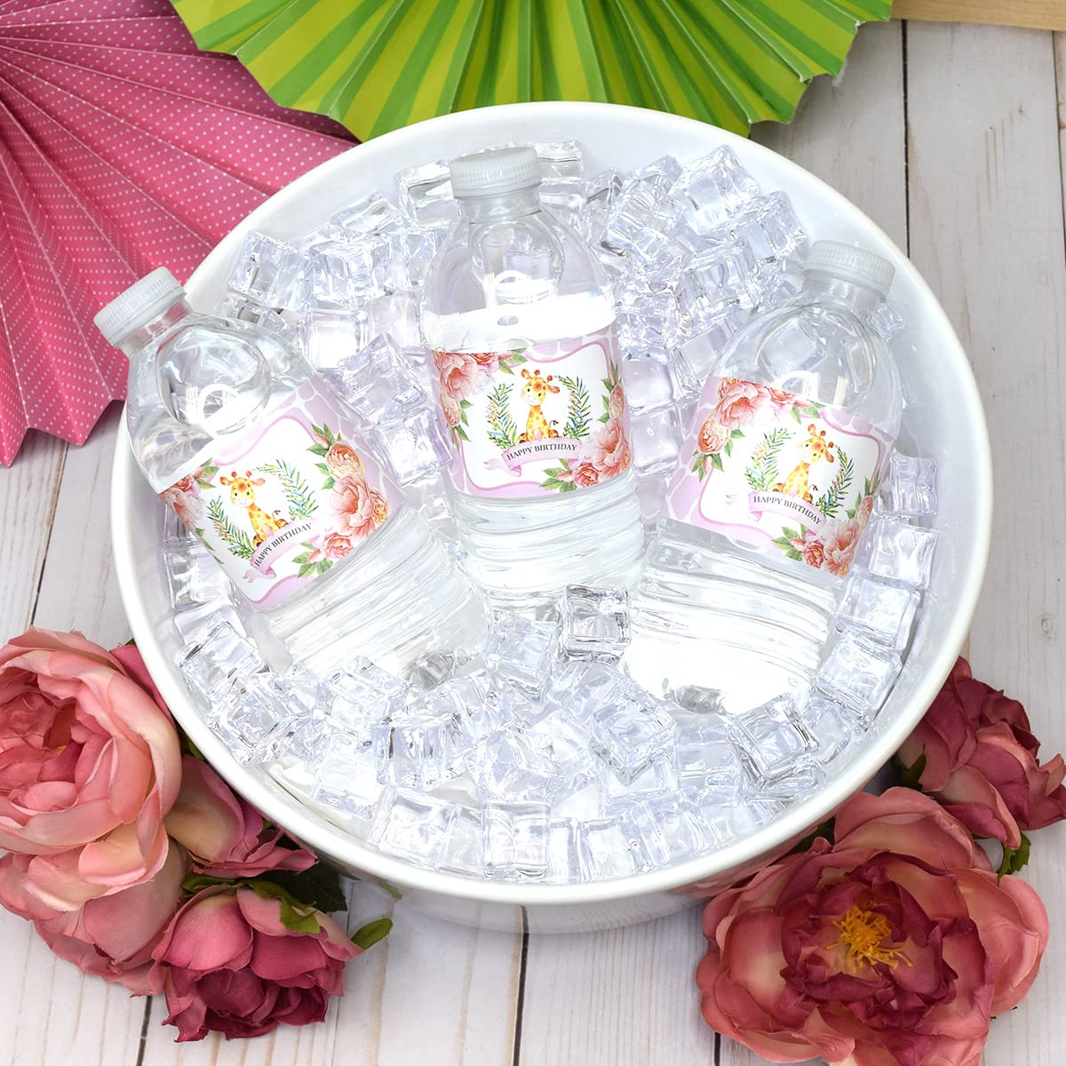 Watercolor Giraffe Birthday Themed Waterproof Water Bottle Sticker Wrappers 20 Wrap Around Labels Sized 1.75" x 8.5" by AmandaCreation