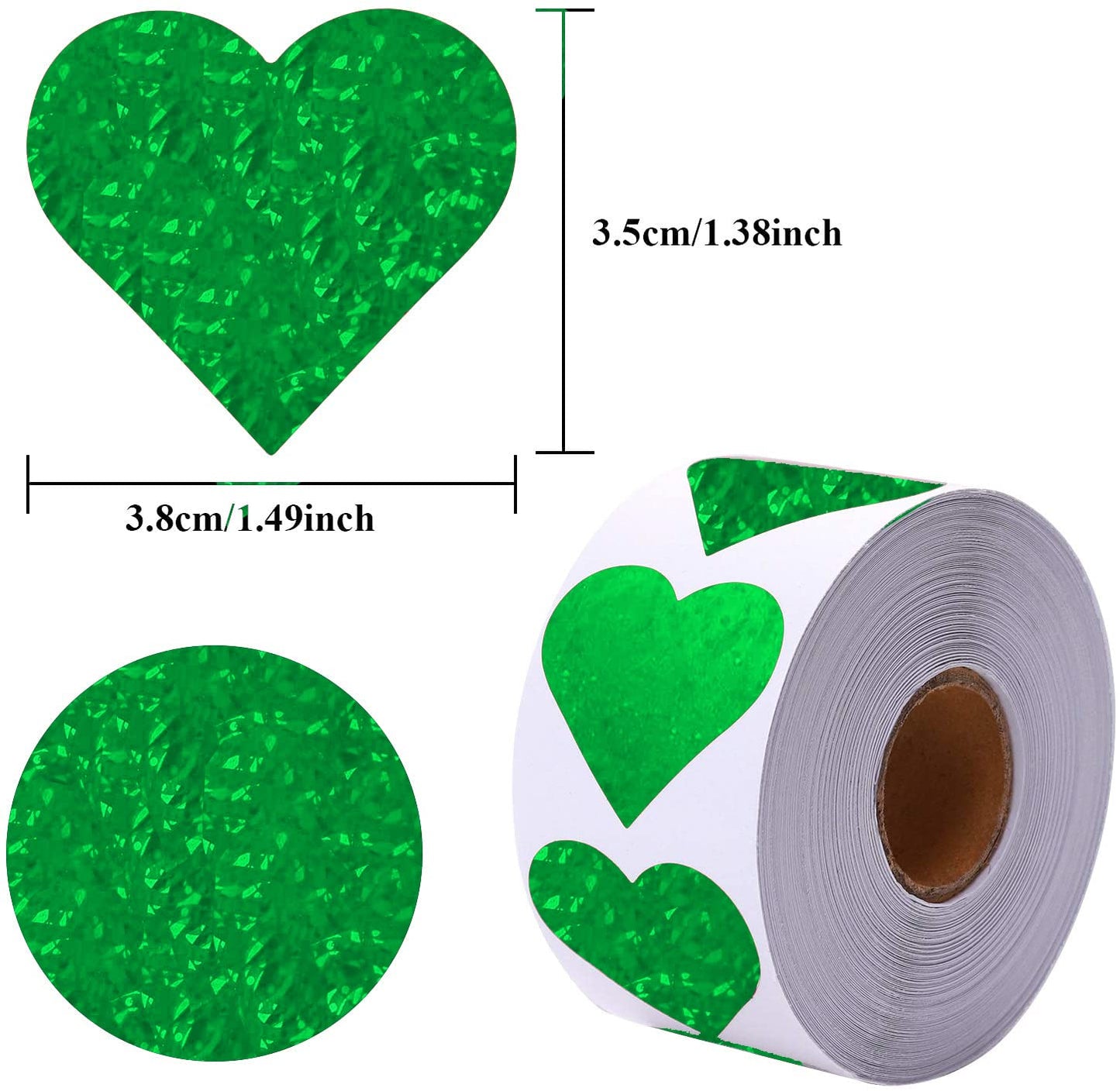 Glitter Heart Stickers, 1.5" Heart Decorative Labels 500 per Roll, Valentine's Day Love Decorations for Wedding Anniversaries (Green) Green