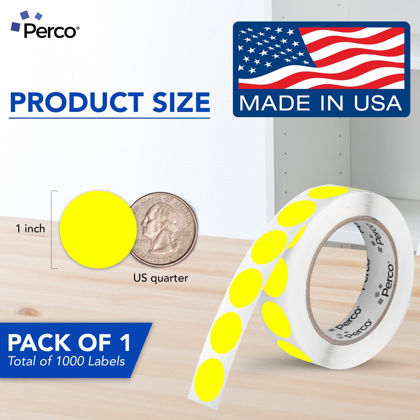 Perco Fluorescent Yellow 1-Inch Round Circle Dot Sticker Labels with Permanent Adhesive - 1,000 Labels per Roll - Vibrant Colors, Strong Adhesion - Made in USA 1 Roll