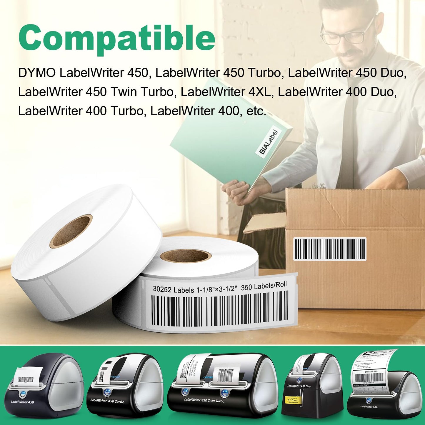 1-1/8" x 3-1/2" Thermal Labels Replacement for Dymo 30252 Multipurpose Address Barcode Label & Shipping Labels Compatible Dymo Labelwriter, Not Fit 5XL & 550 BIAlabel White 1 Rolls - 30252