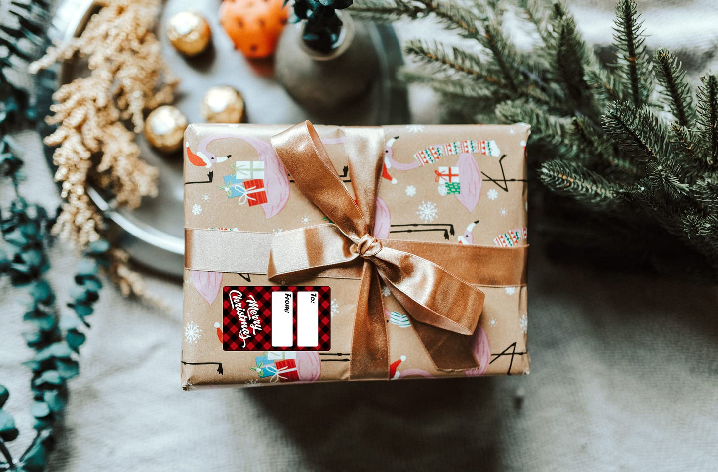 Merry Christmas Plaid Gift Tags, Self Adhesive Glossy Stickers, Xmas Present Labels. Set of 80 Labels. to and from Labels. Made in USA
