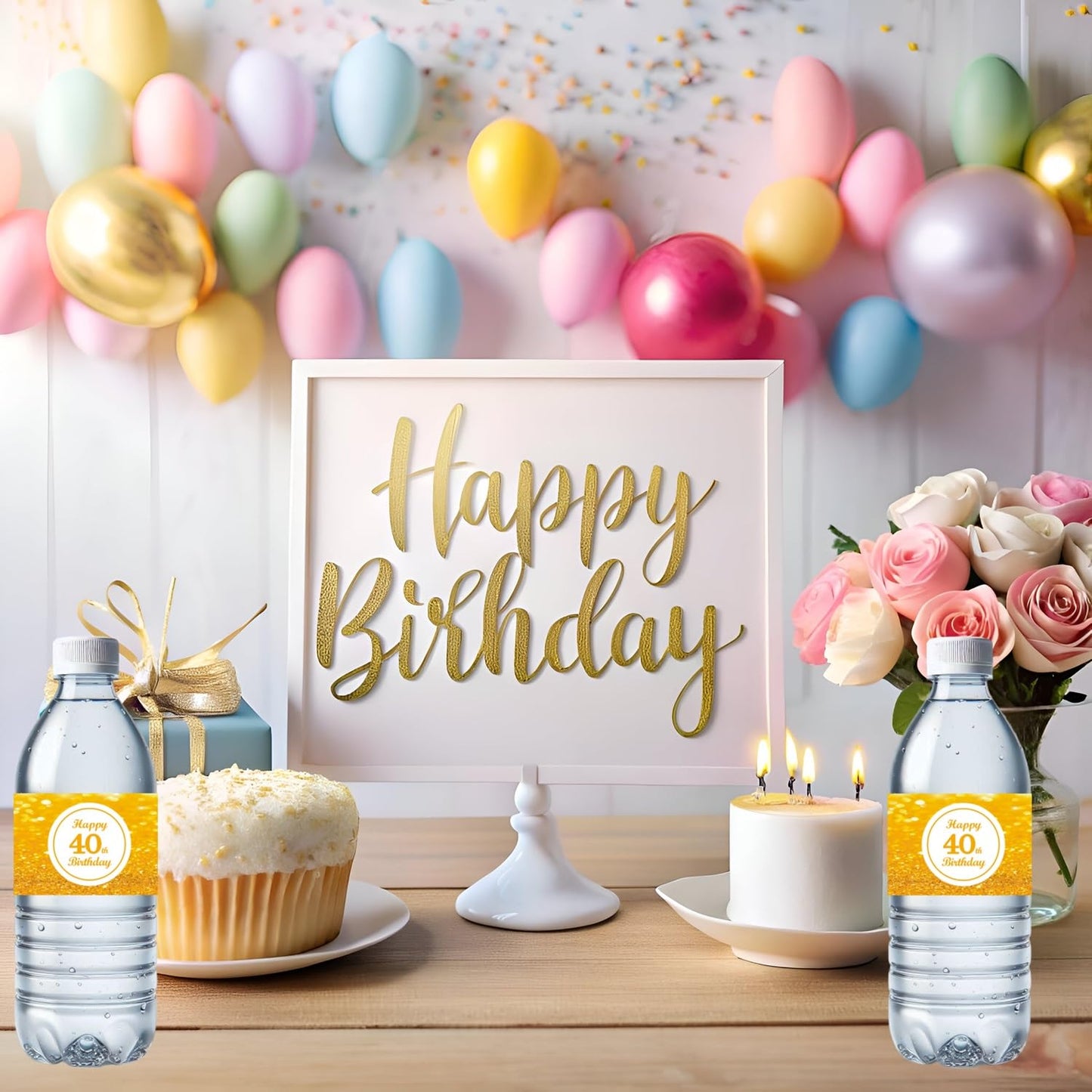 32 Pces Happy 40th Birthday Water Bottle Labels Cheer to 40 Year Old Party Bottle Stickers, Waterproof 40 th Bottle Wrap Around Stickers Forty Birthday Party Decorations, Wraparound Bottle Decor