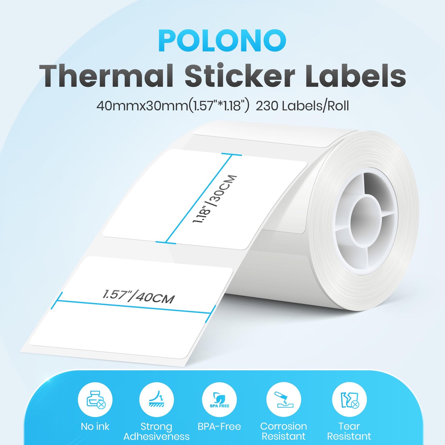 POLONO Genuine Thermal Labels for PM220S Label Makers, 1.57"x1.18" (40x30mm) Thermal Label, Waterproof, Multi-Purpose Self-Adhesive Labels for Small Bussiness, Office, School, 230 Labels/Roll (White)