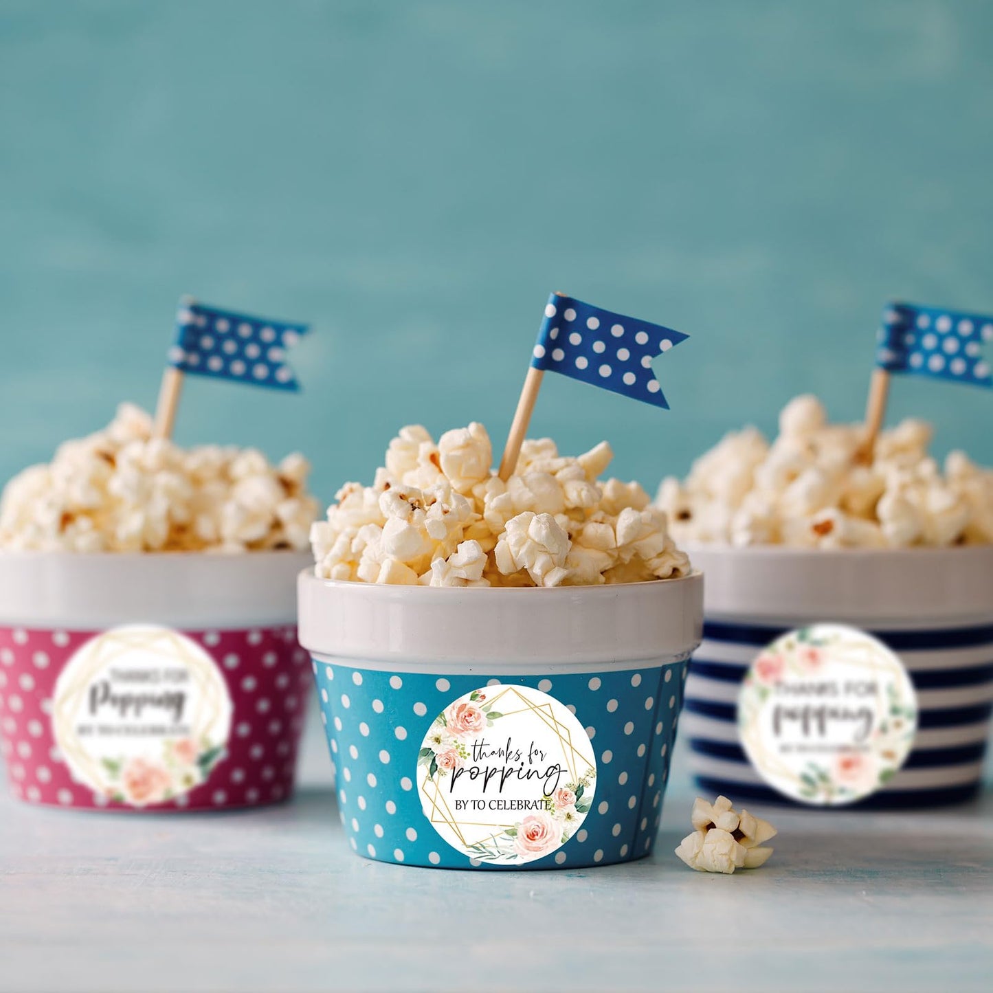 AnyDesign 120Pcs Popcorn Stickers Labels Thanks for Popping by to Celebrate Popcorn Favor Decals Pink Floral Style Self-Adhesive Paper Stickers for Greenery Baby Shower Wedding Bridal Shower, 1.6 Inch