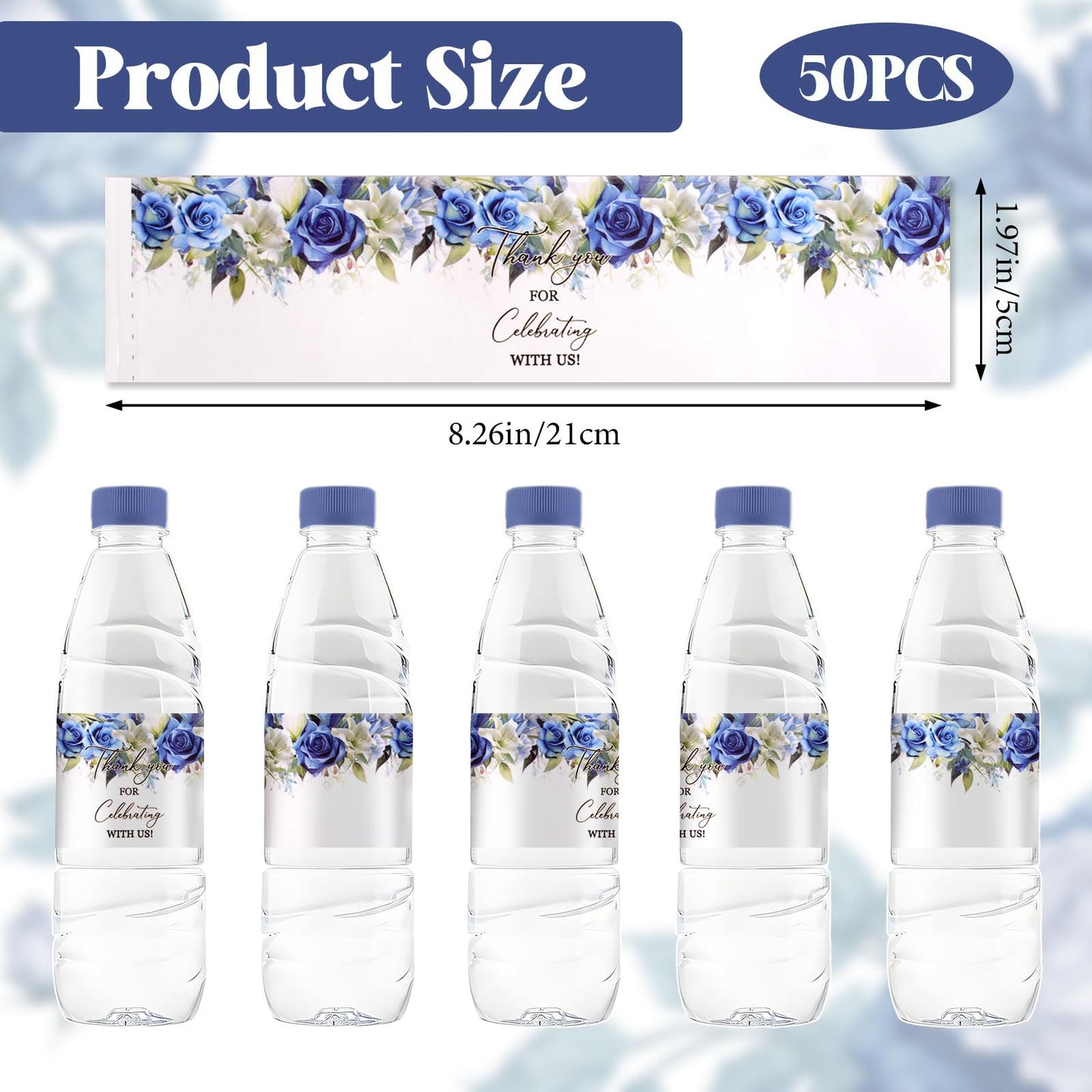 50 Pcs Waterproof Blue Floral Thank You Bottle Stickers Labels,Wedding Bridal Shower Bottle Wrappers Engagement Party Favors Decors Supplies Dark Blue