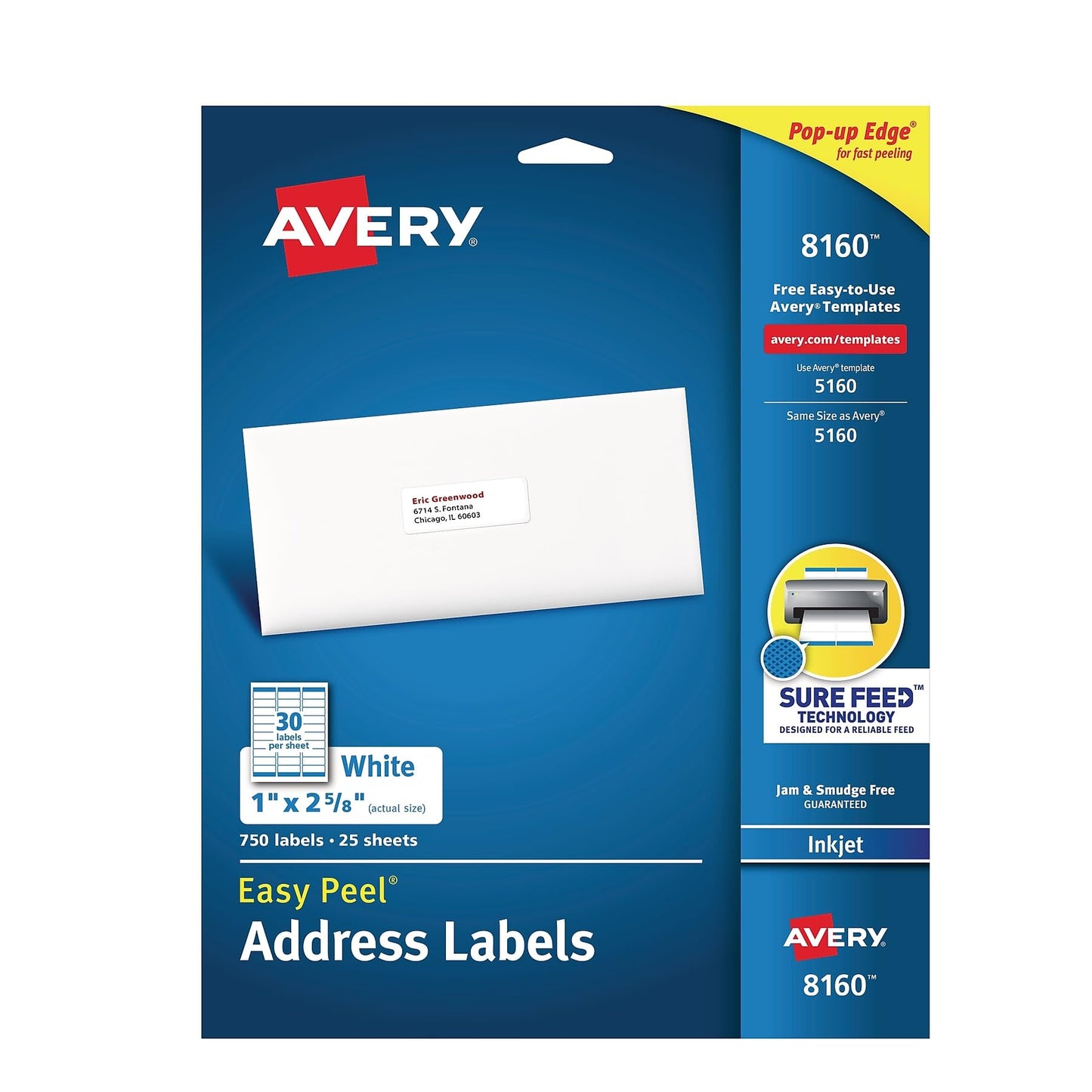 Avery Easy Peel Address Labels, Inkjet Printers, White, 1" x 2-5/8", Box of 750 Labels (08160)