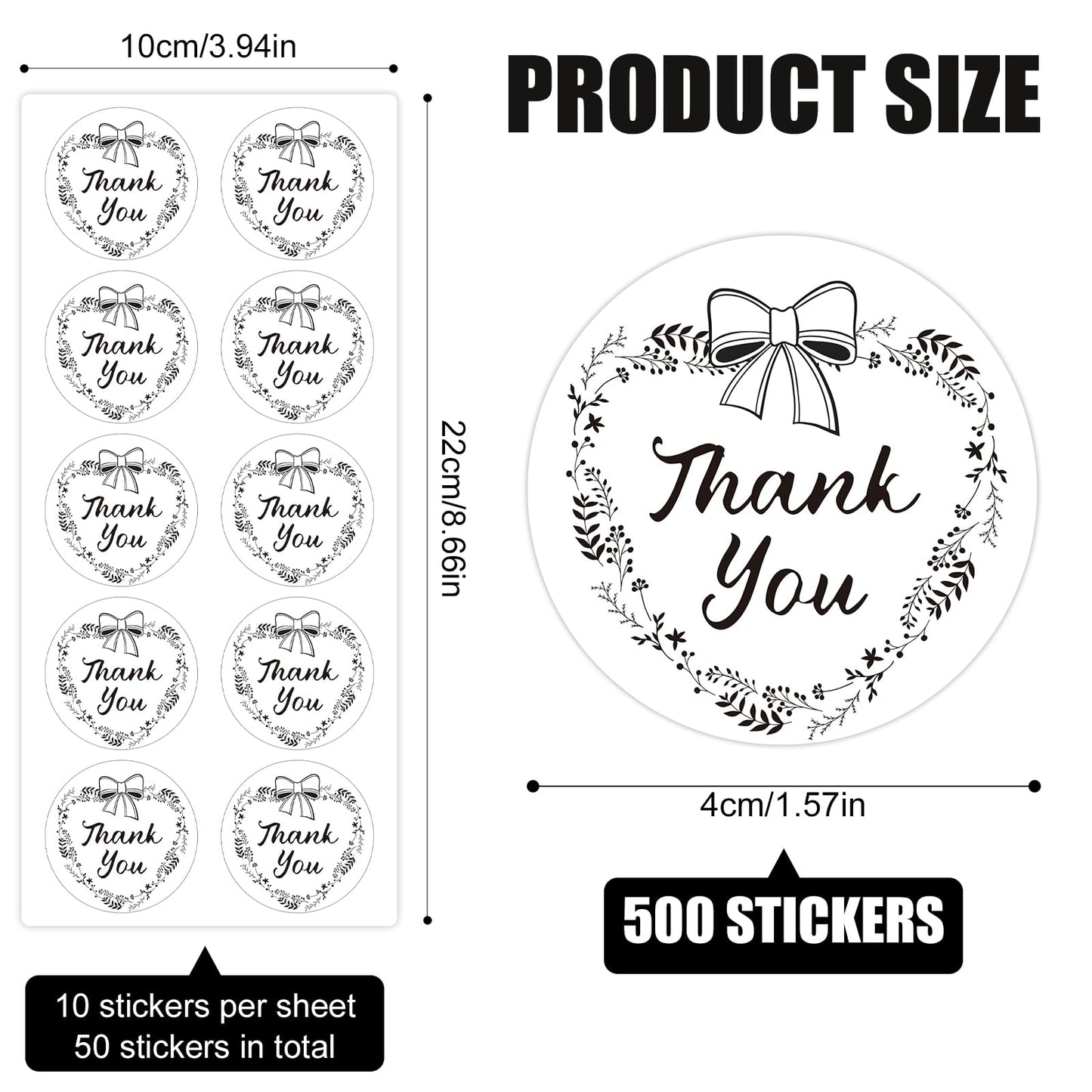 500pcs Thank You Stickers, 1.57in Round Gratitude Labels Transparent Seal Stickers Self-Adhesive Floral Label Stickers for Envelopes Sealing Party Favor