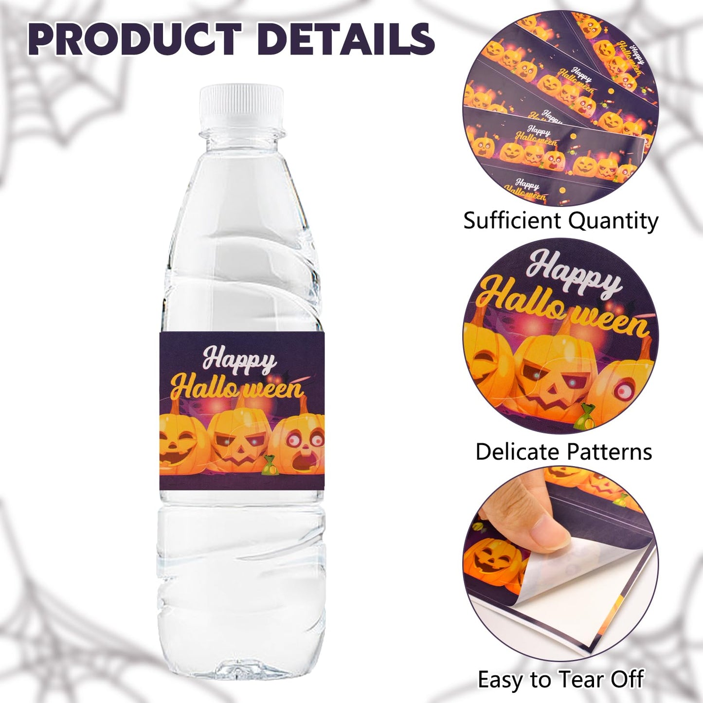 Happy Halloween Water Bottle Labels, 50Pcs Pumpkin Halloween Wraps Sticker Halloween Labels for Party Halloween Drinking Water Bottle Label Purple