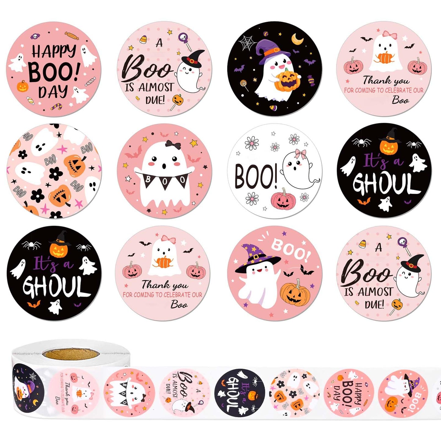 1000Pcs Halloween Stickers Roll Pink Black Cute Ghost Boo Self-Adhesive Round Stickers for Halloween Party Gift Bags Self-Sealing Supplies, 8 Design