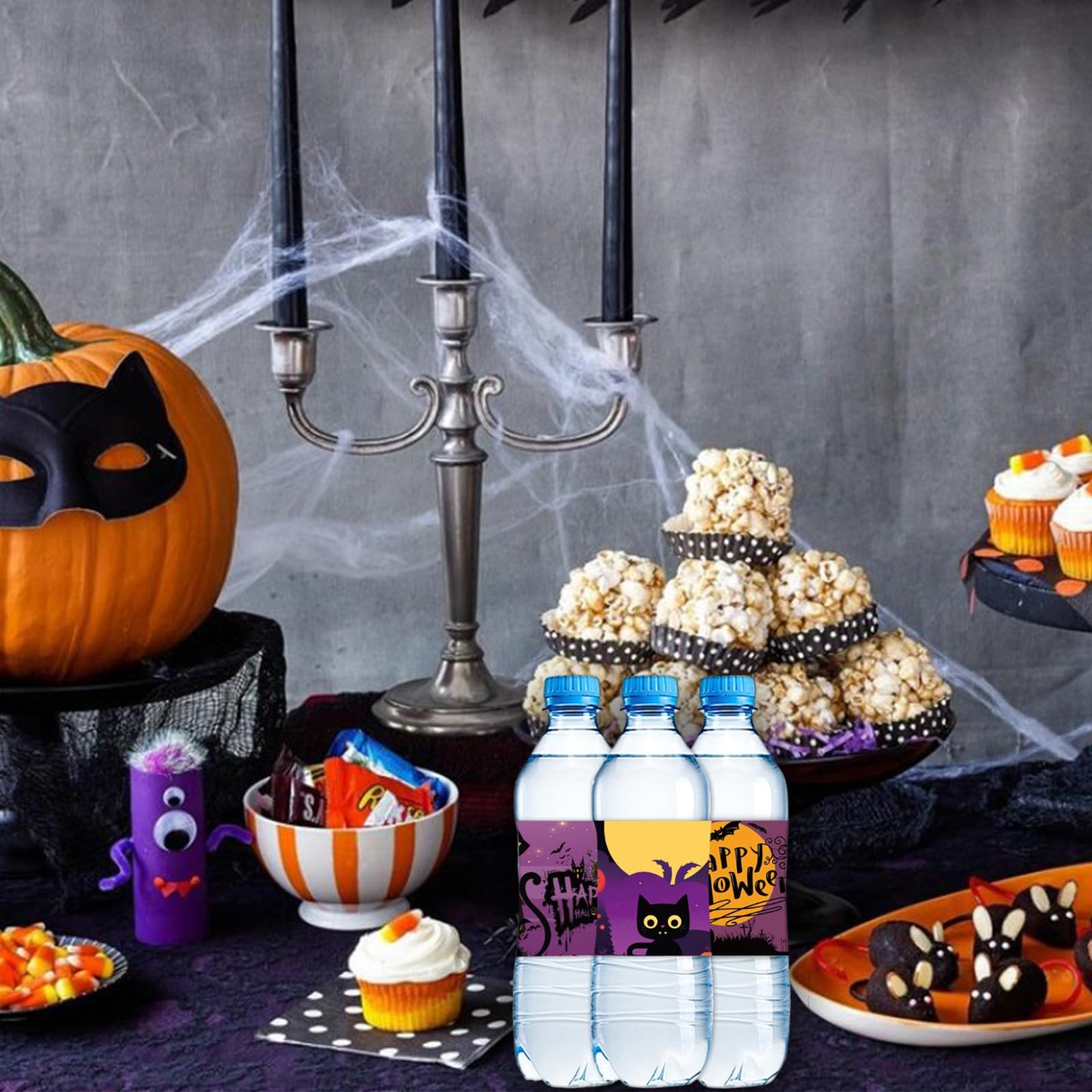24 PCS Happy Halloween Water Bottle Labels Halloween Bottle Stickers Trick or Treat Stickers, Pumpkin Bat Web Pattern Bottle Labels Stickers for Halloween Party Supplies