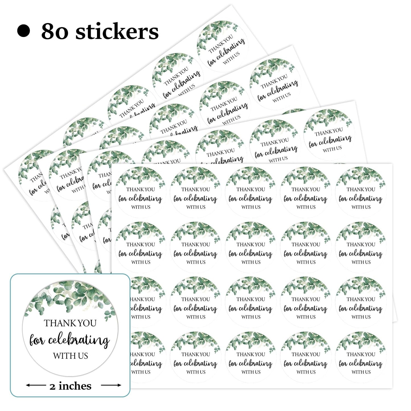 80 Pcs Greenery Thank You Stickers - Round Thank You Labels with Leaf Design for Wedding, Bridal Shower, Baby Shower and Party Favors
