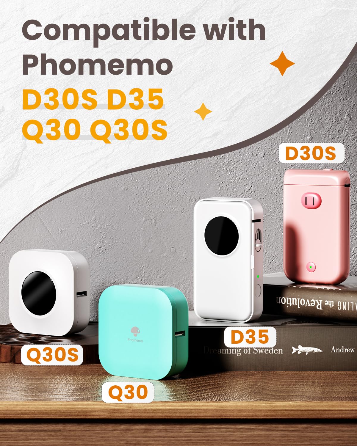 Phomemo Transparent D30 Labels Tape, Print Rose Red, Green, Blue Font on Transparent,0.55" x 1.18"(14x30mm), Self Adhesive Clear Waterproof Thermal Labels for Phomemo D30 D30S Label Maker, 3Roll