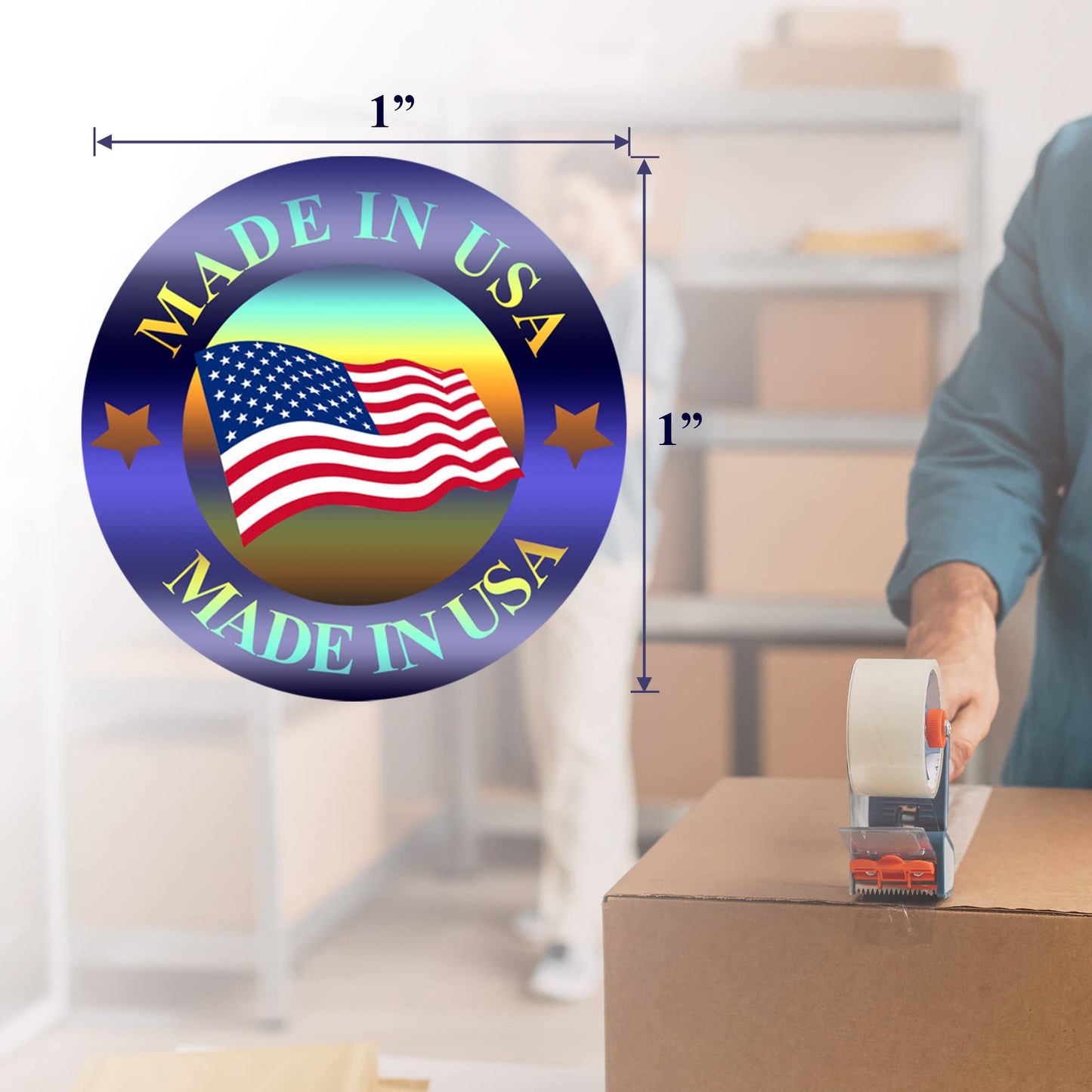 Made in USA Hologram Flag Labels 1-Inch Round American Stickers, 2 Colors (Blue and Red) Glossy Silver Metalized, 500 PCS Per Roll for Product and Package Labeling (1 Roll)