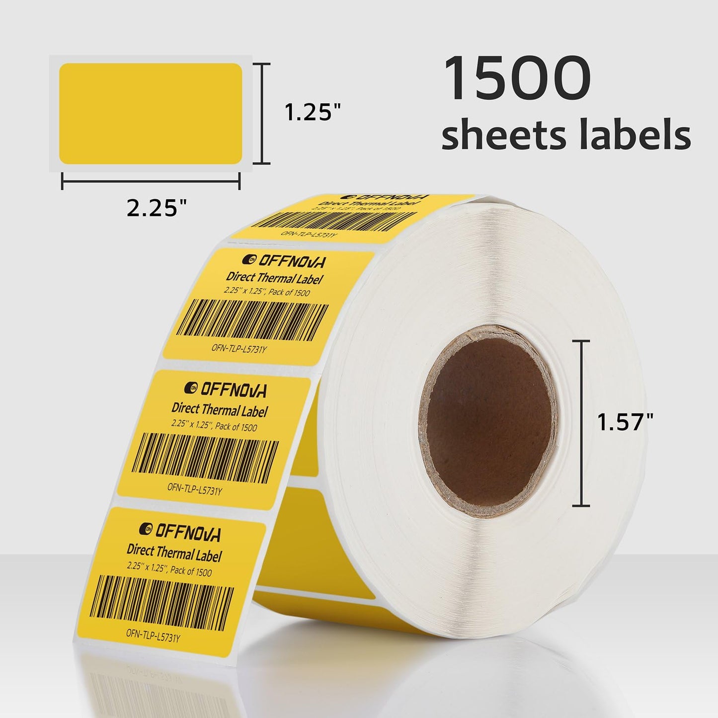 OFFNOVA 2.25" x 1.25" Thermal Direct Labels, Roll of 1500 Stickers Labels for Barcode, Address, with Perforation, Compatible with Rollo, Permanent Adhesive, Yellow 2.25”x1.25”