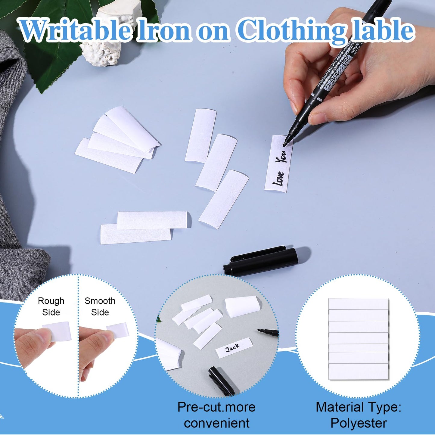100Pcs Writable Iron on Labels for Clothing, Pre-Cut Iron on Clothing Label Personalized Laundry Labels Washable Fabric Label with 2Pcs Permanent Markers for Nursing Home School, 1.75 x 0.59Inch