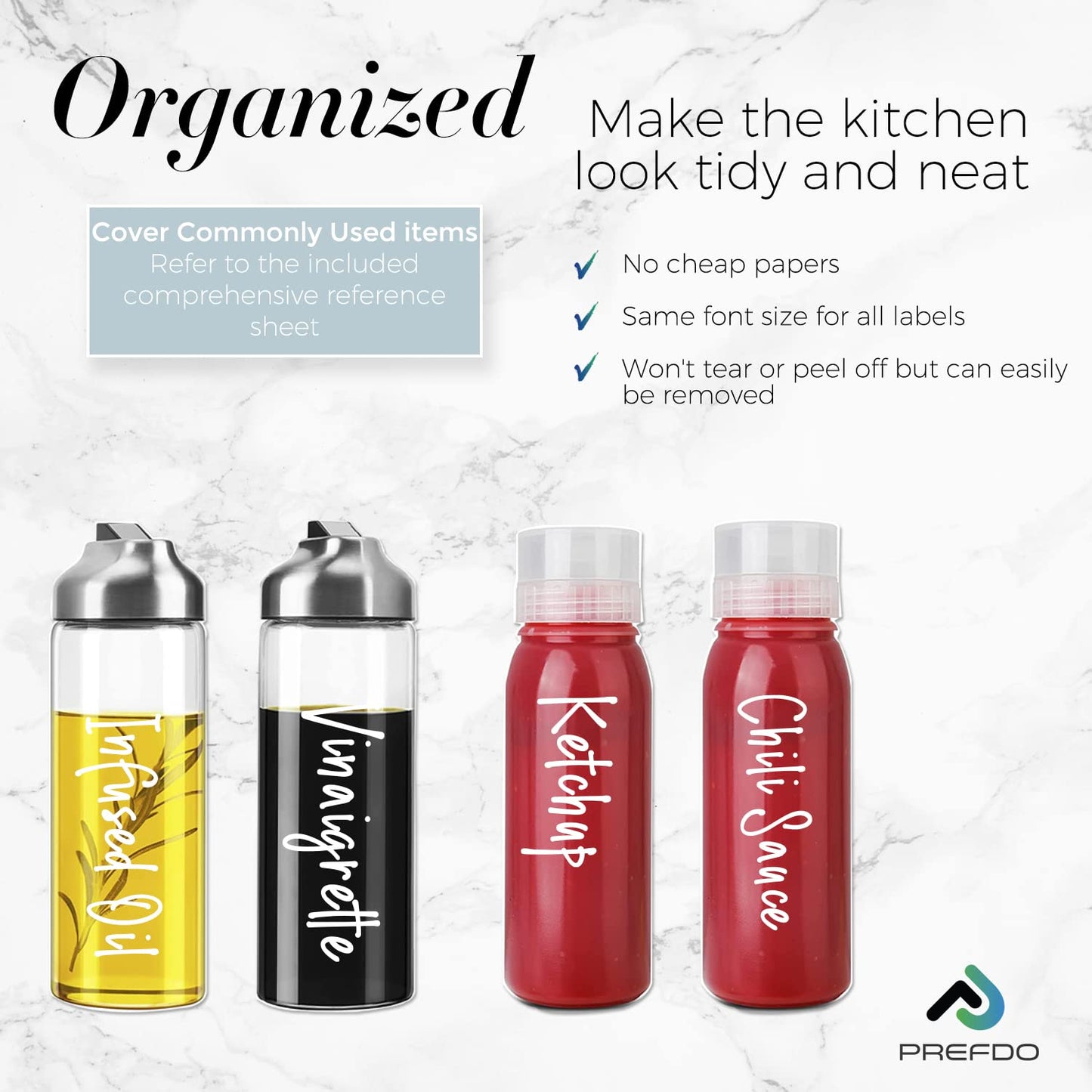 138 Oil and Vinegar Labels for Bottles, Prefdo White Script Clear Preprinted Condiments Stickers for Squeeze Dispensers Kitchen Pantry Organization, Waterproof & Oil-Proof Oils1