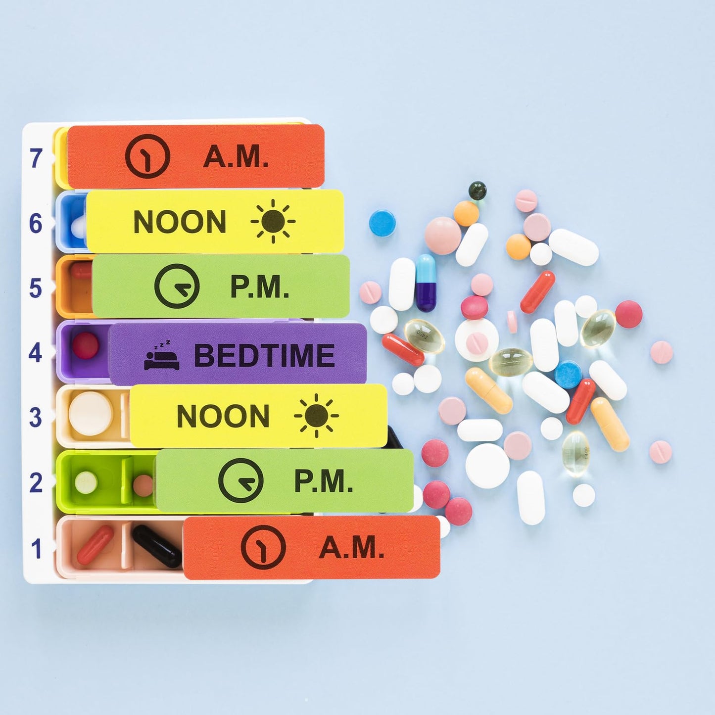 Medicine Stickers Medication Instruction Label Permanent Paper Label AM NOON PM Bedtime for Pill case Planner 0.4 * 1.6inch (500 per Roll 4 Pack)