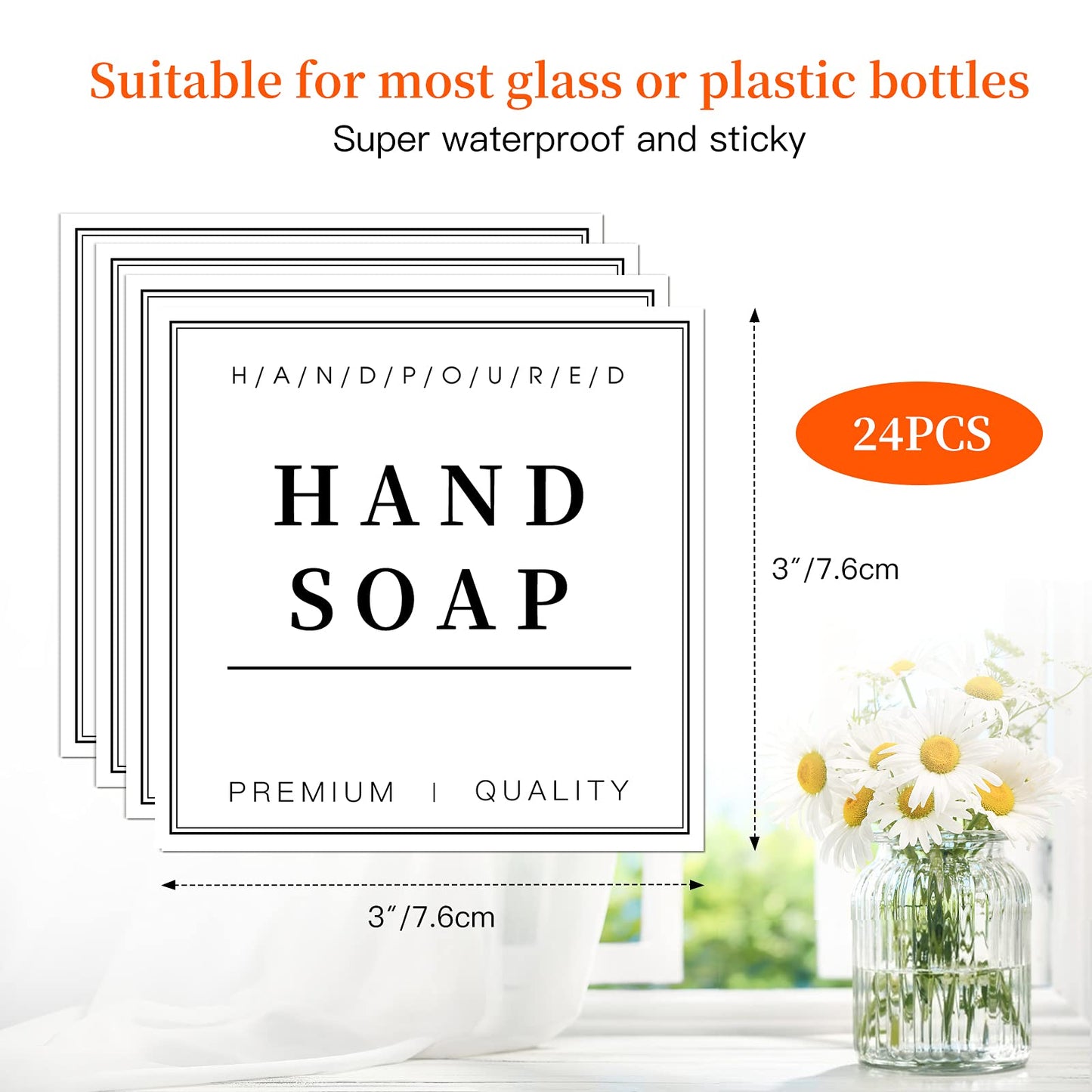 24 PCS White Waterproof Labels for Bottles, Shampoo and Conditioner Dispenser Label Stickers, Bathroom Hand Soap Label Stickers,Removable Cleaning Labels for Glass/Plastic Spray Bottle