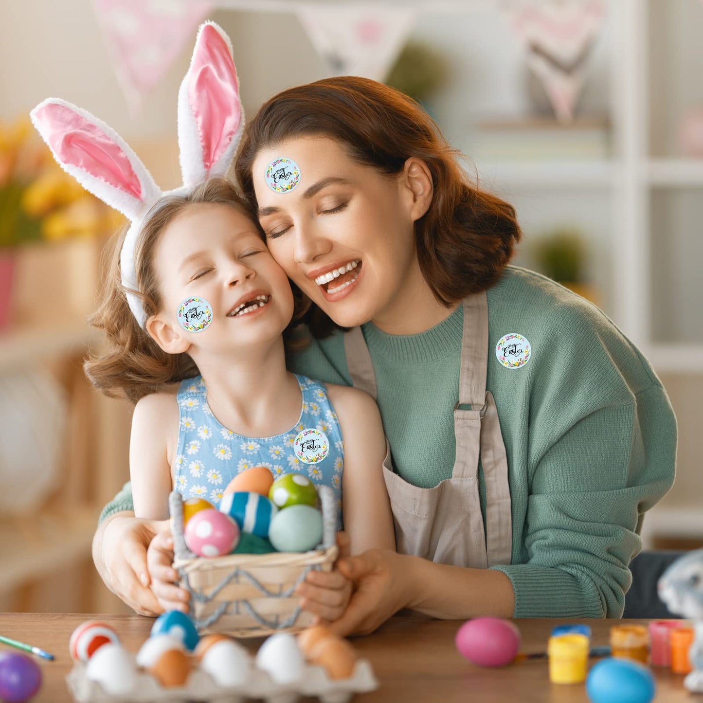 Happy Easter Sticker Rolls, 1.5 Inches 500 PCS Holiday Stickers for Kids and Adults, Round Label Stickers for Goodie Bags, Gift Favors Box, Cards, Beer Bottle, Party Supplies Floral Wreath