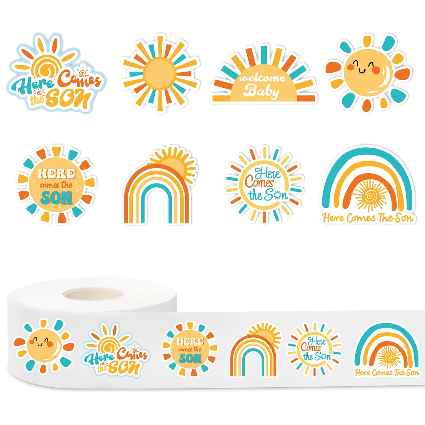1000Pcs Boho Rainbow Decal Here Comes The Son Adhesive Sealing Labels First Trip Around The Sun Sticker for Baby Shower Birthday Party Favor, 8 Design Boho Sun Rainbow
