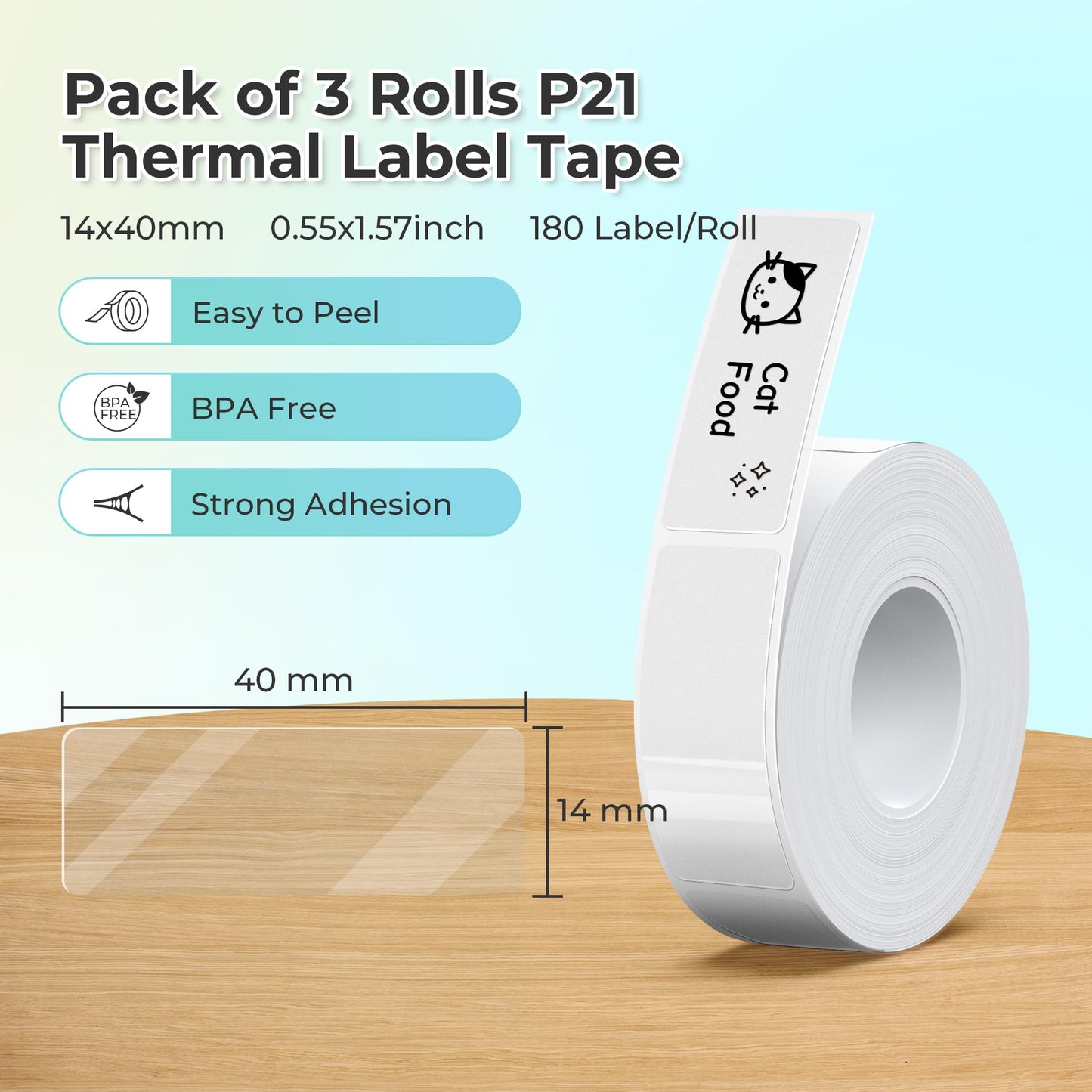 NELKO Genuine P21 Label Maker Tape, Adapted Label Print Paper, 14x40mm (0.55"x1.57"), Standard Laminated Office Labeling Tape Replacement, Multipurpose of P21, 180 Labels/Roll, 3-Roll, Transparent 0.55"x1.57"(14mmx40mm)-3 Rolls