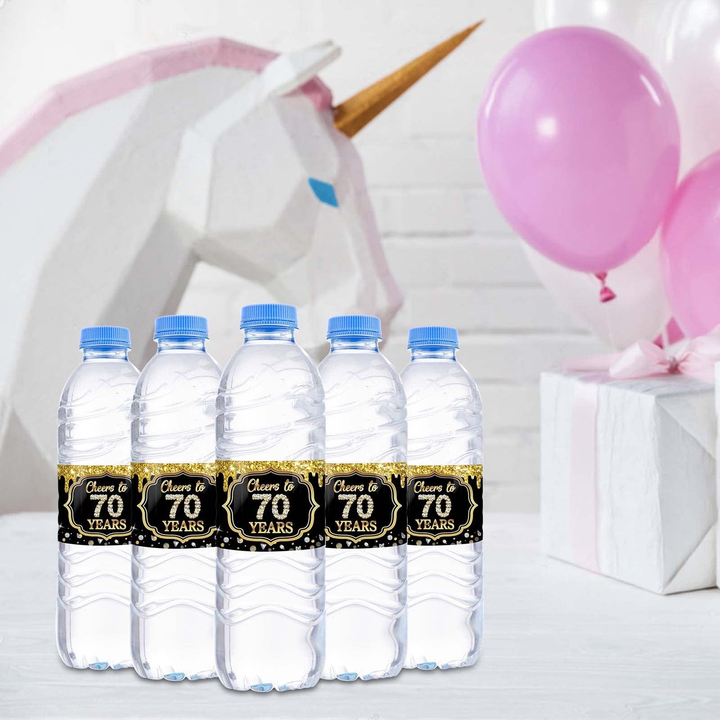 WOWOPA 32Pcs Cheers to 70 Years Water Bottle Labels, Happy 70th Birthday Labels Stickers for Women and Men Birthday Party Decorations - Black