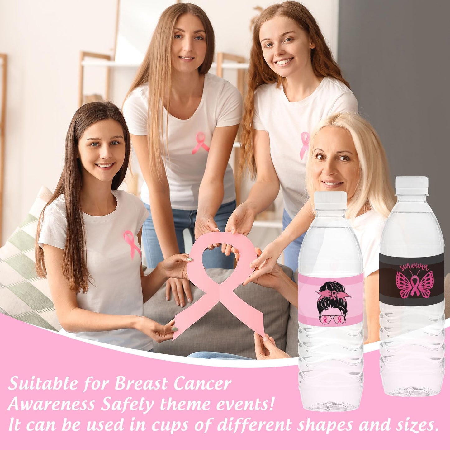 100Pcs Breast Cancer Awareness Water Bottle Labels Pink Ribbon Butterfly 5 Designs Waterproof Bottle Sticker Decals for Breast Cancer Party Decoration, 20 Sheets