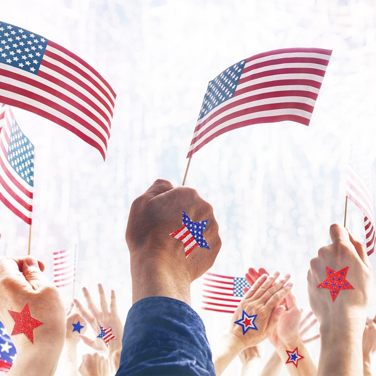 600Pcs Patriotic Star Stickers Roll Blue Red Laser Silver Stars Labels American Flag Self-Adhesive Independence Day Stickers for 4th of July Memorial Day Water Bottle Luggage Decor, 8 Design