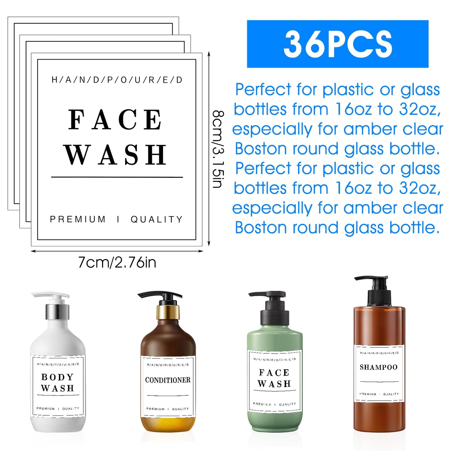36Pcs Waterproof Labels for Bottles, Removable Bathroom Organization Stickers for Hand Soap Lotion Shampoo Conditioner Dispenser, Toiletry Labels for Plastic/Glass Bottles