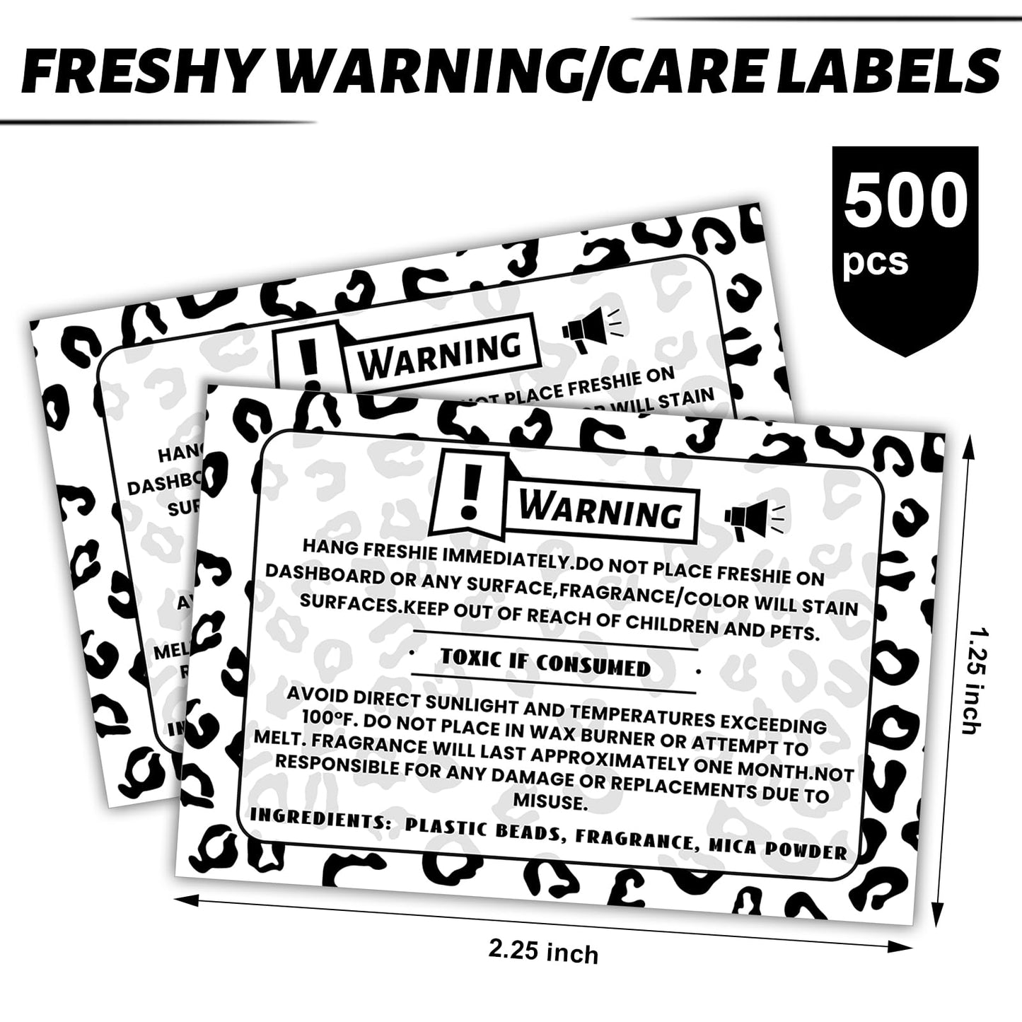 Yeaqee 500 Pcs Freshie Warning Label Stickers with Leopard Background Design 2.25 x 1.25 Inches Waterproof Freshies Care Instructions Labels for Car Supplies and DIY Crafts