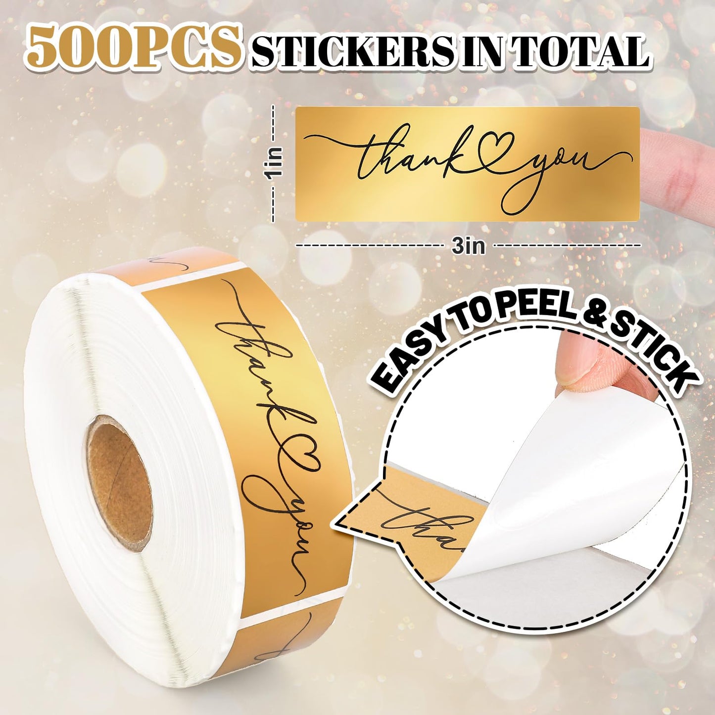 Whaline 500Pcs Thank You Stickers Roll Gold Foil Thank You Rectangle Self-Adhesive Label Decals for Envelope Wedding Birthday Holiday Party Supplies, 1 x 3 Inch