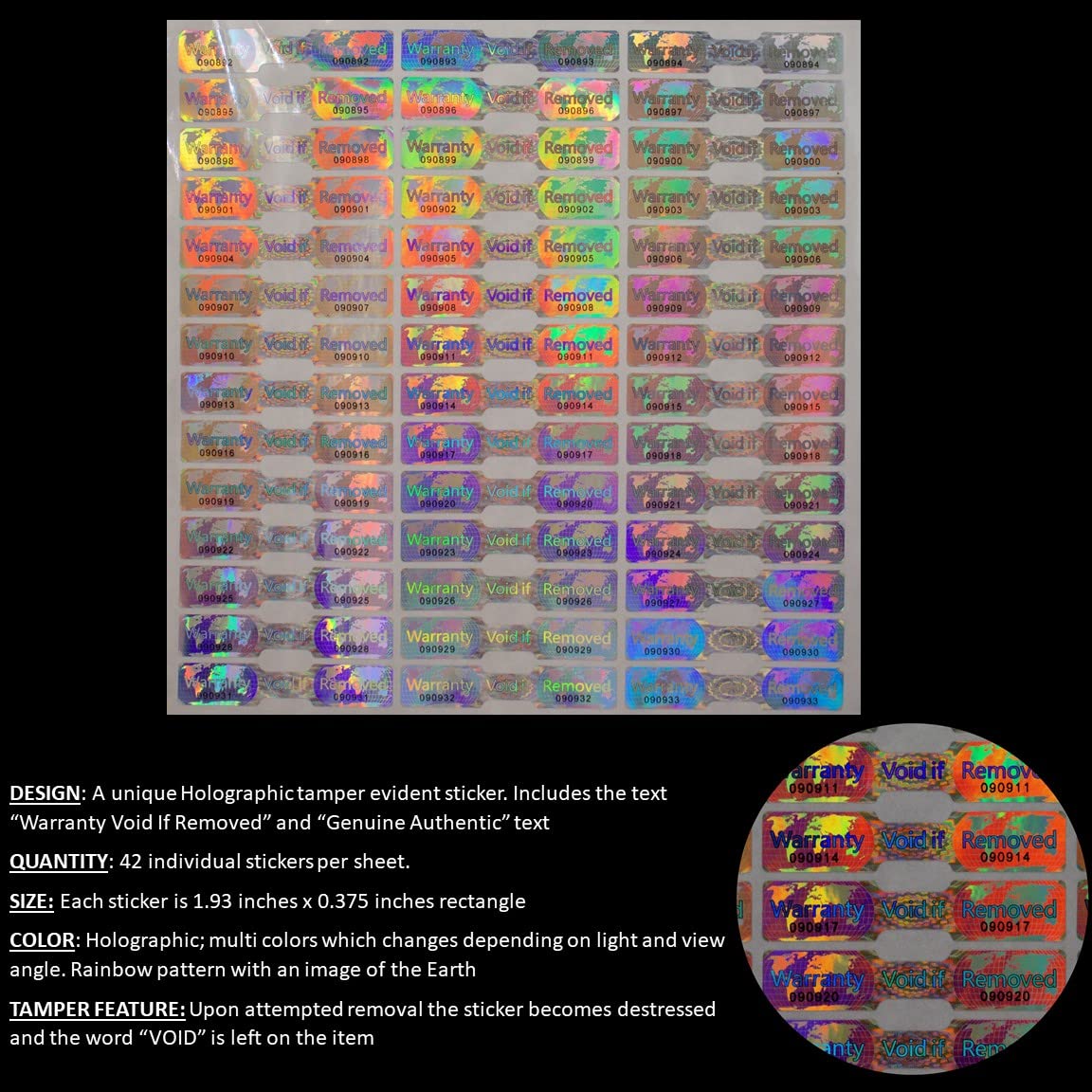 210 Hologram Tamper Proof Stickers. Tamper Evident Tape. Warranty Void if Removed. Individual Serial Numbers. Large 1.930 x 0.375 inches. (210 Stickers) 210 Stickers