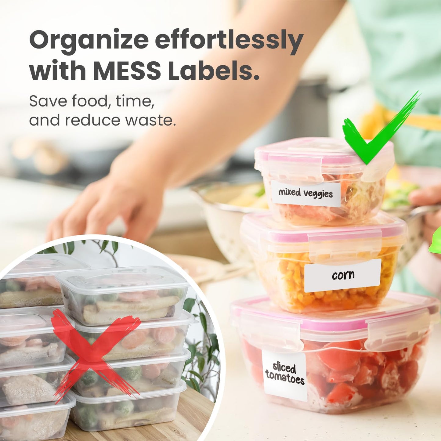 MESS Removable Food Labels for Containers (96-Pack) 1x3" & 1.5" Erasable Kitchen Labels for Organizing, Freezer & Fridge, White Dry Erase Labels for Jars 1x3" & 1.5"