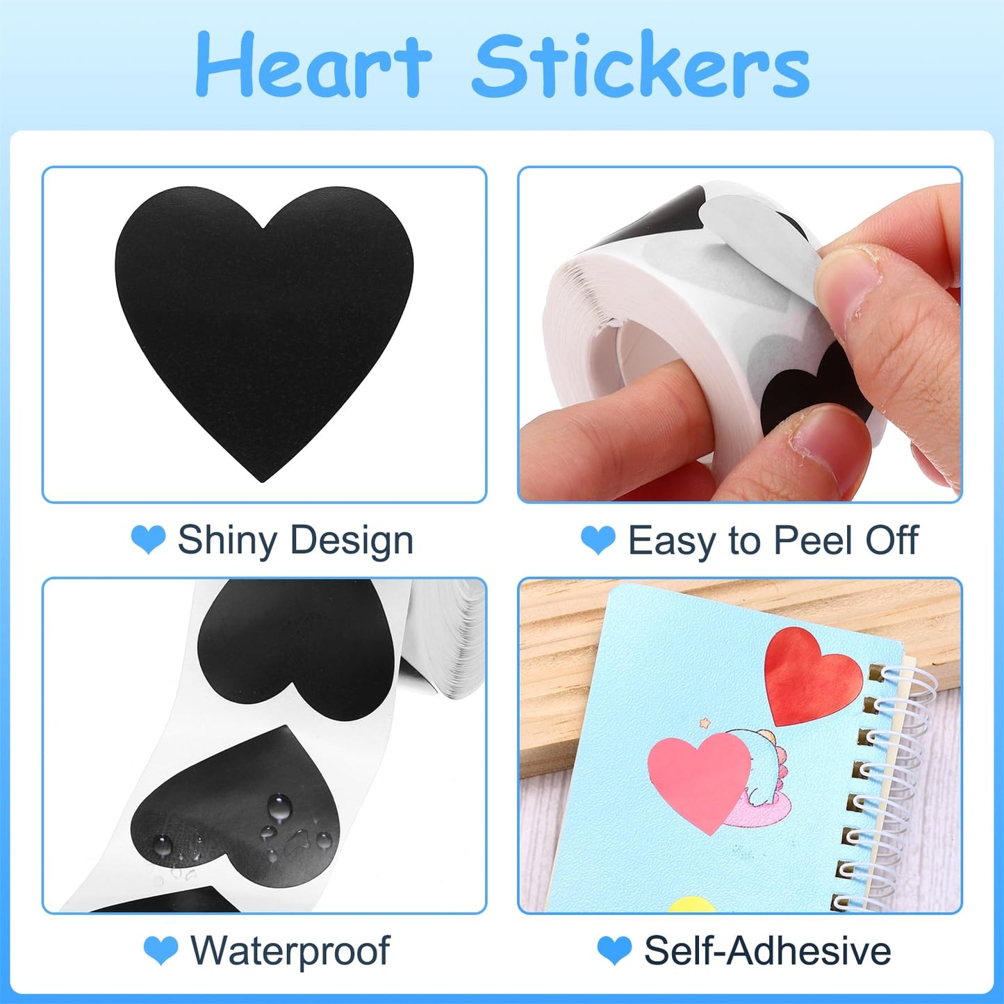 MECCANIXITY 1500 Labels Black Heart Stickers 1 Inch Heart Shaped Sticker Labels Self-Adhesive Cute Decals for Envelope Valentine's Day Scrapbook Award Charts (3 Rolls, 500 Labels Per Roll)