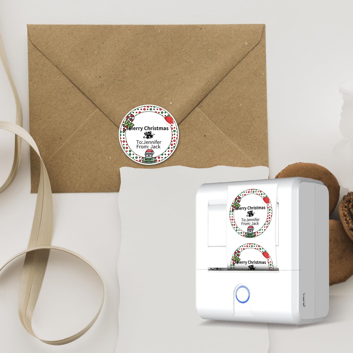 PUQU 2 inch Christmas Santa Direct Thermal Labels, Color Coding Dot Labels for AQ/Q1 Printer, Waterproof, Oil-Proof Self Adhesive Stickers for Xmas New Year Business, 150 Pcs Per Roll B/1 Rolls/320 Labels 50x50mm