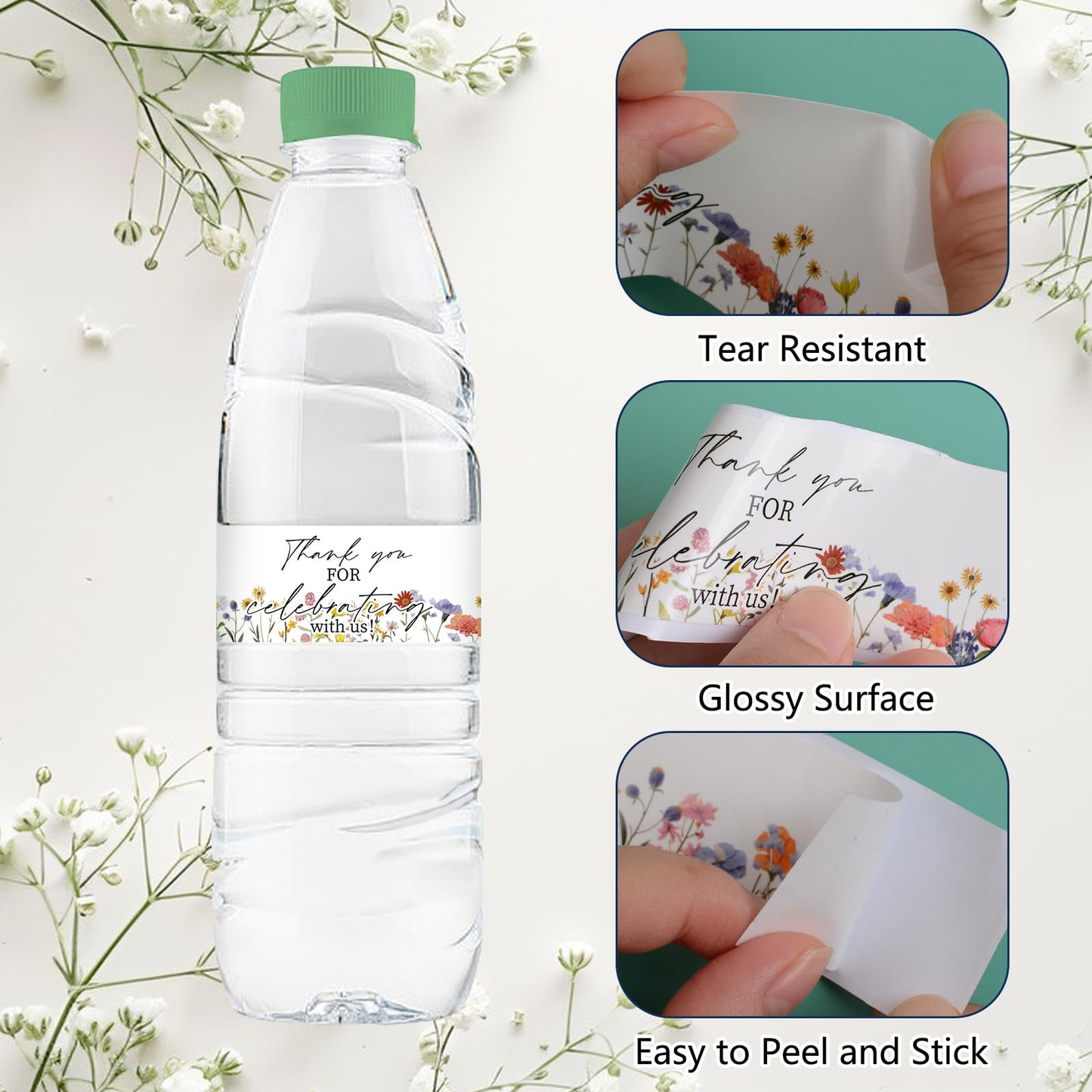 Water Bottle Labels, 50Pcs Thank You Flower Theme Waterproof Bottle Wraps Sticker for Graduation Wedding Birthday Bridal and Baby Shower 1.96x8.26in 5.10 Centimeters
